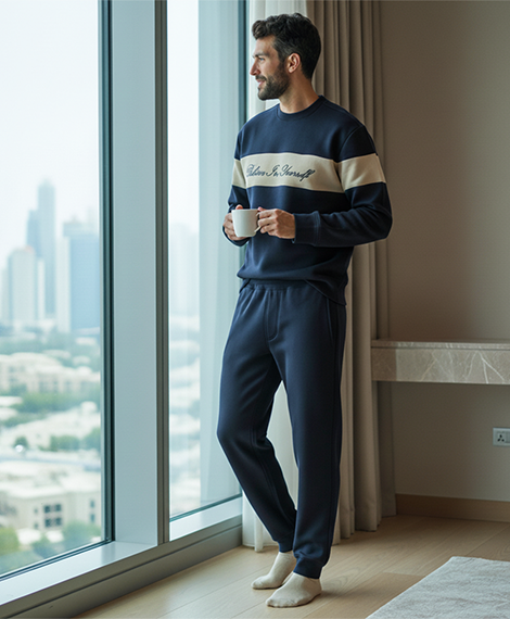 Men’s Lined Tracksuit with Contrast Chest Stripe – Navy Blue