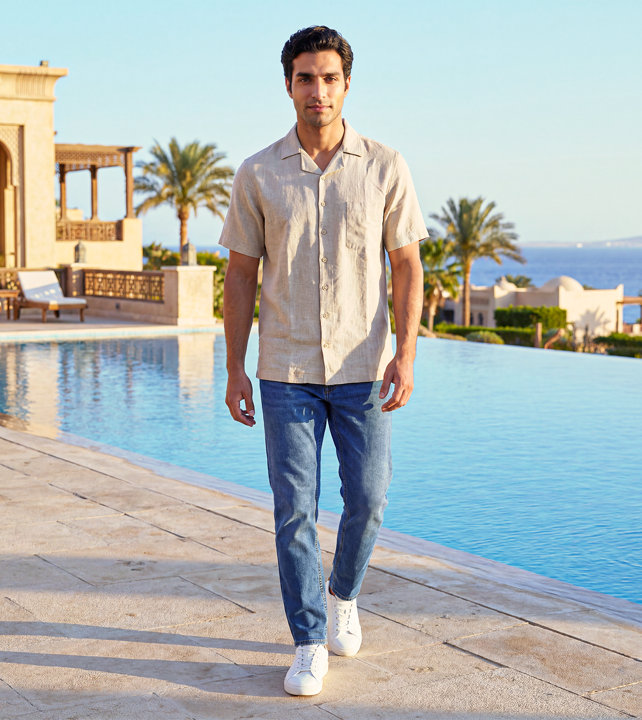 Men Relaxed Short-Sleeve Linen Shirt in Beige
