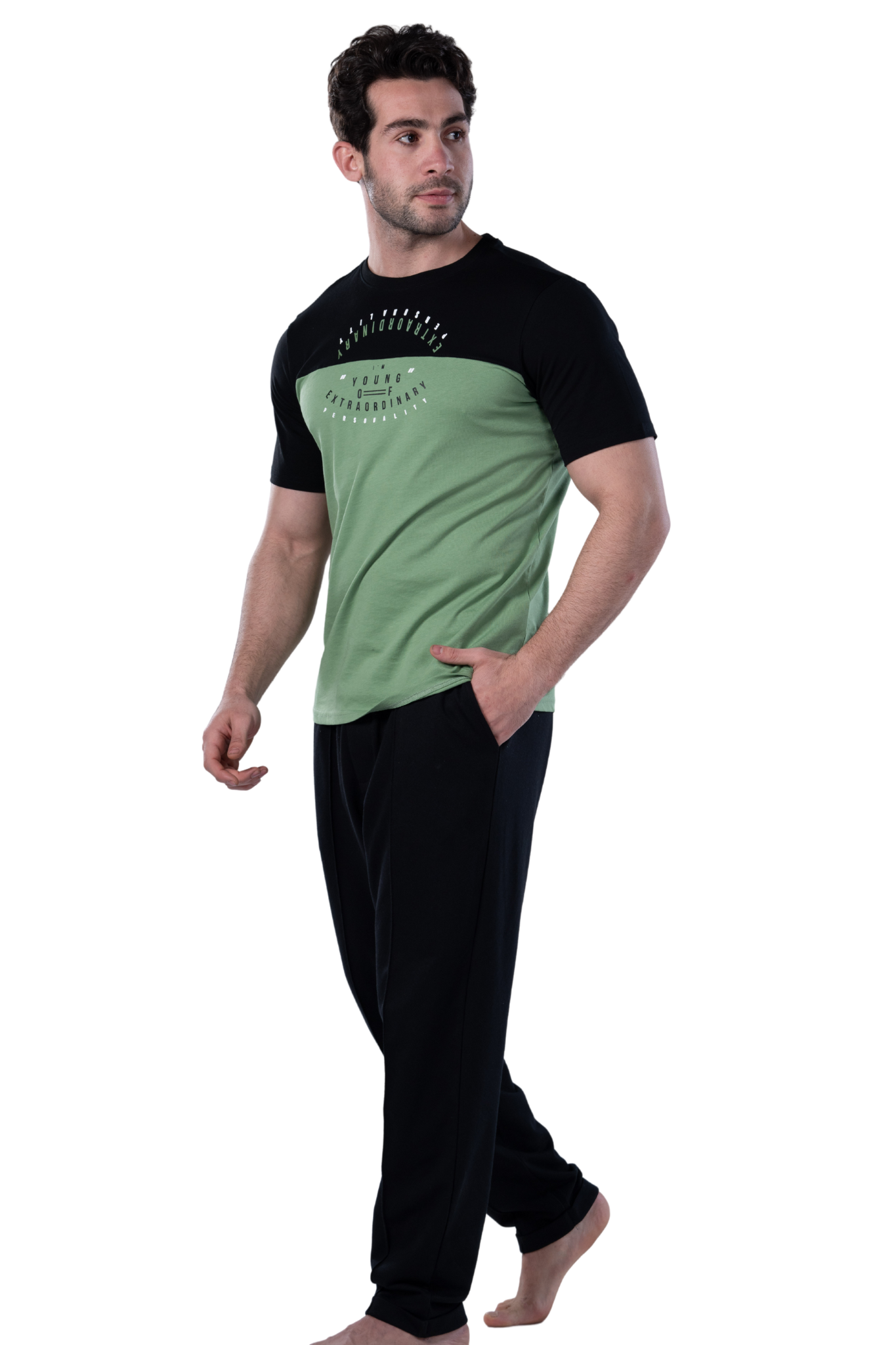 Elegant Men's Summer Pajamas With Short Sleeves, Printed - Green