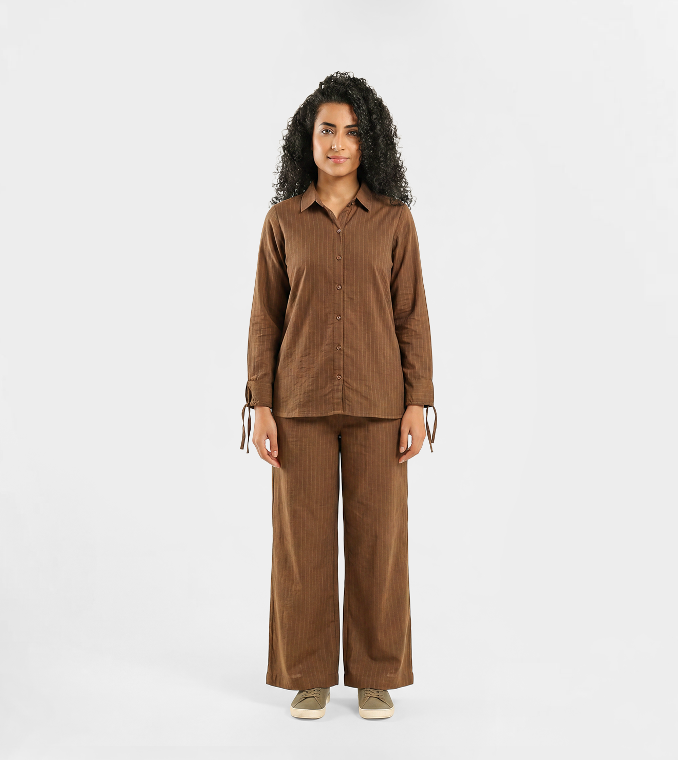 Women Striped Button-Up Shirt & Wide Leg Pants Set