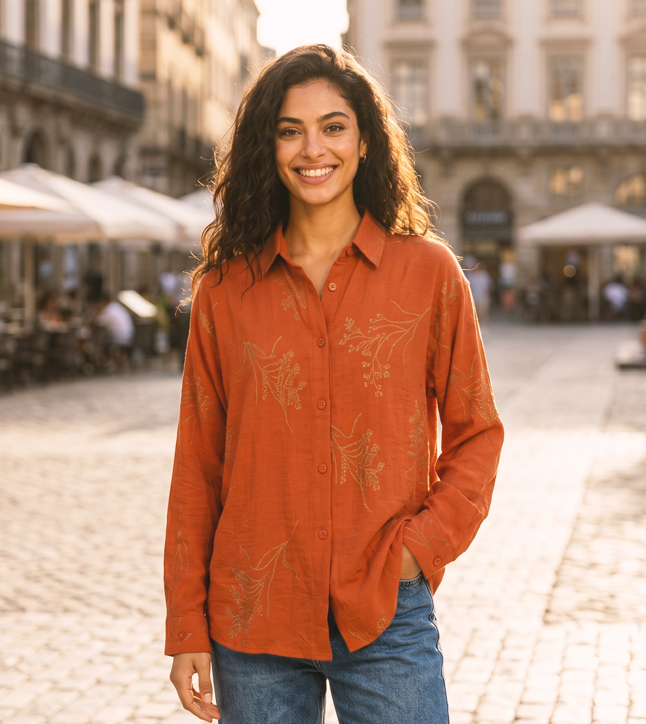 Women Long-Sleeve Embroidered Shirt in Burnt Orange
