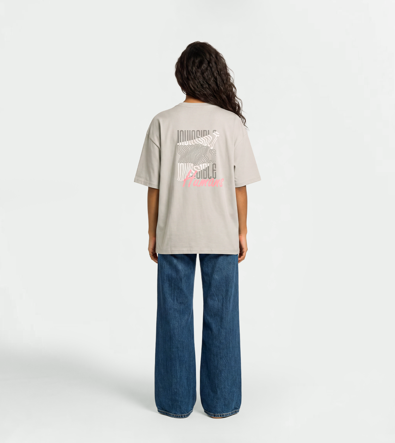 Women’s Oversized Silver Short Sleeve T-Shirt with Front & Back Print