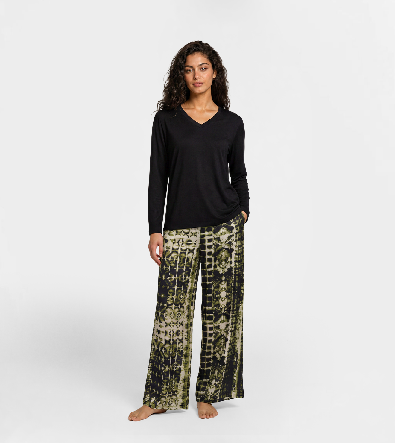 Women Long Sleeve Top & Printed Wide Leg Pants Set