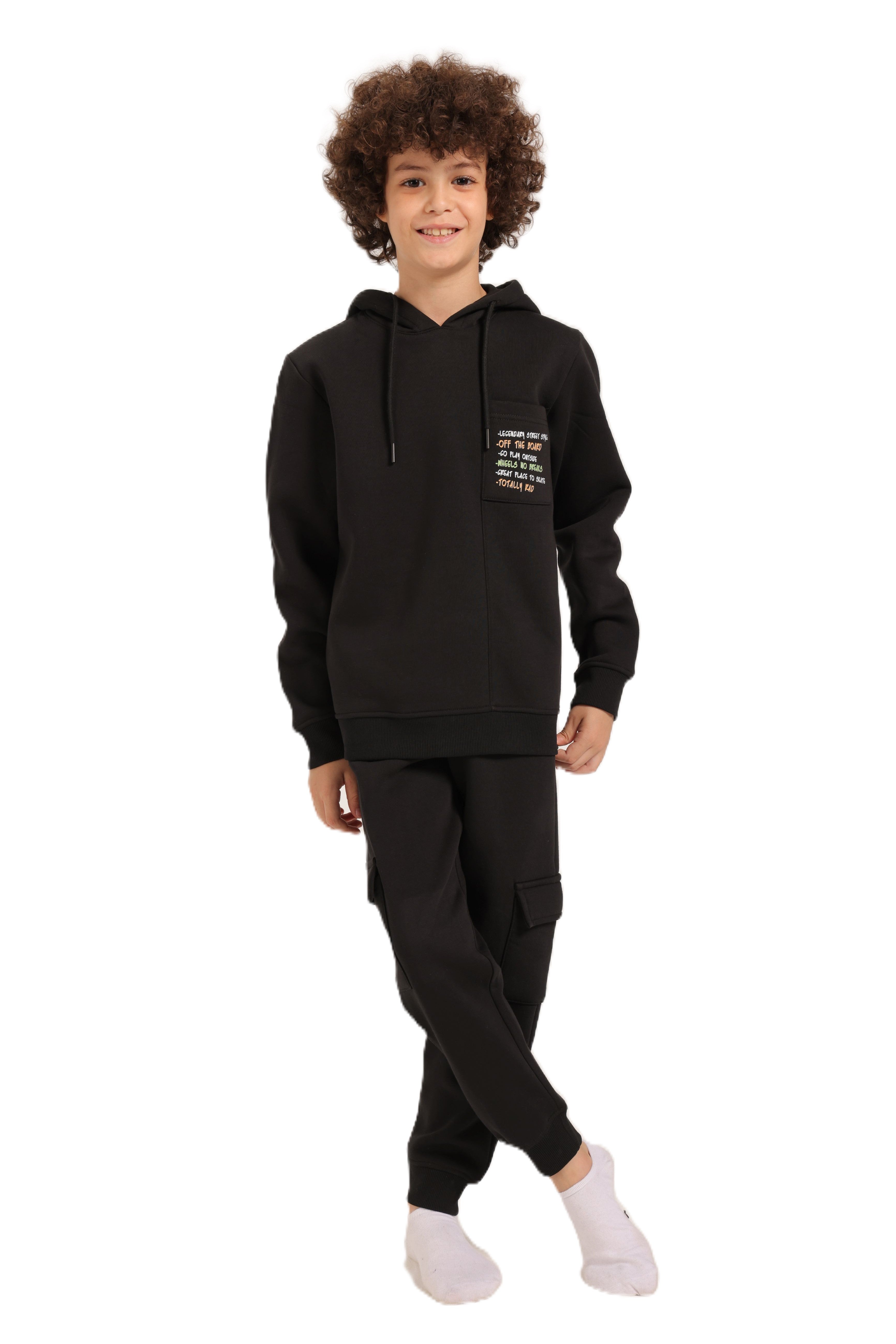 Boys’ Black Hoodie & Cargo Jogger Set – Street Style Comfort