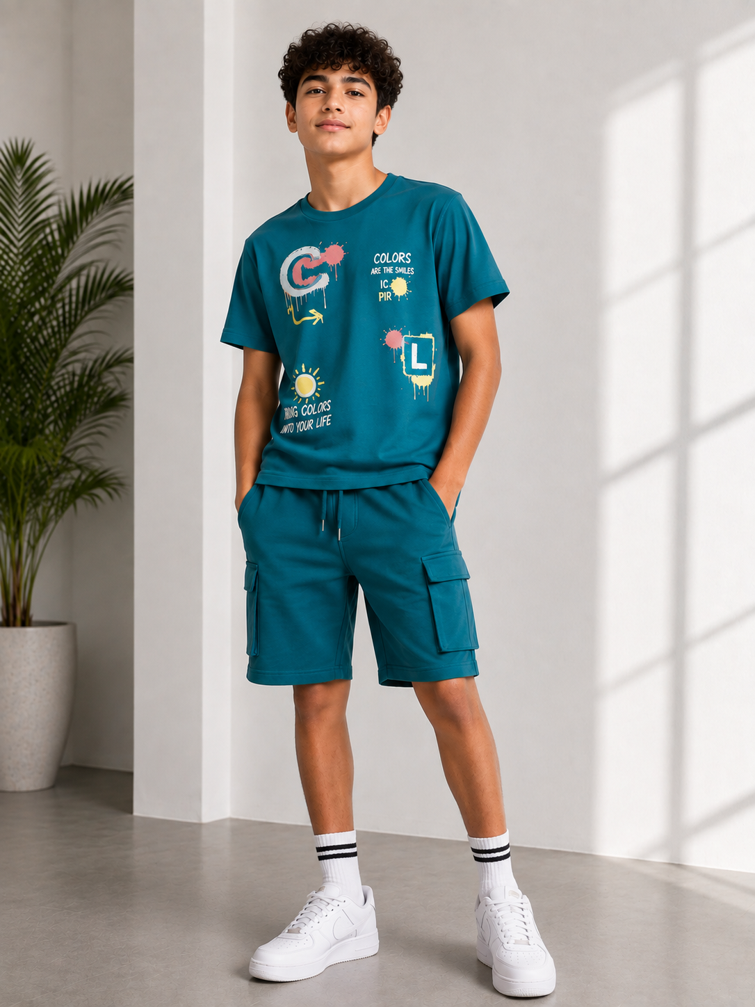 Boys’ Summer Set – Graphic Print T-Shirt & Cargo Shorts – Teal