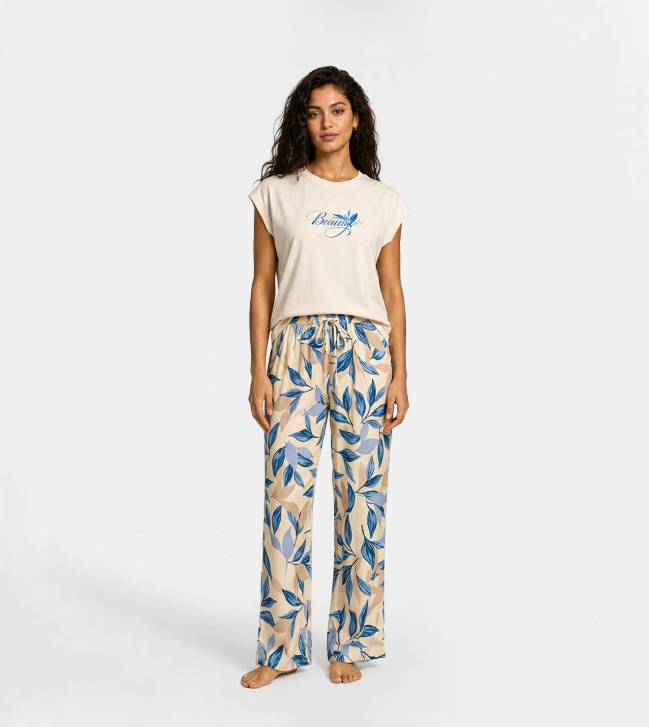 Women "Beauty" Cotton Pajama Set Blue in White