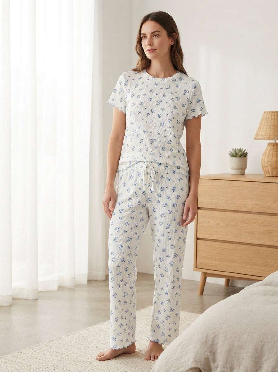 Women’s White & Baby Blue Pajama Set with Pants