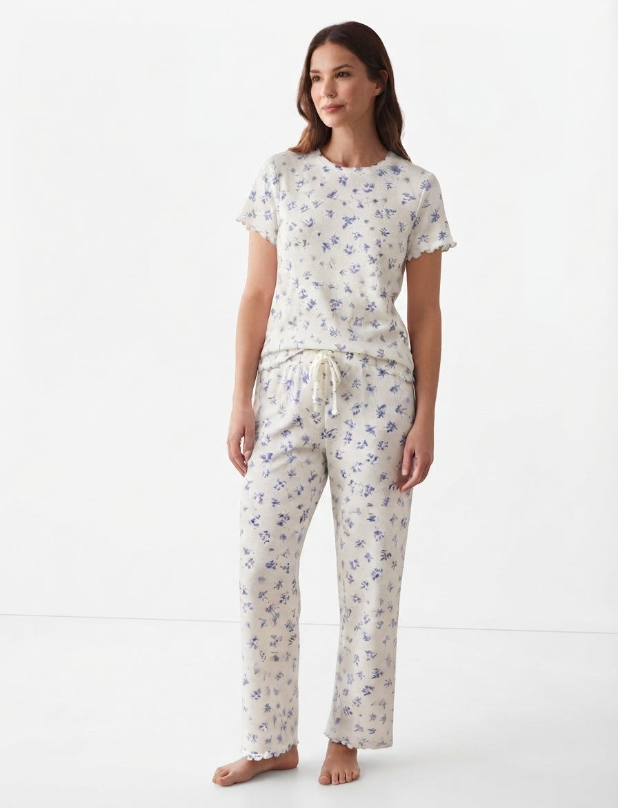 Women’s White & Baby Blue Pajama Set with Pants