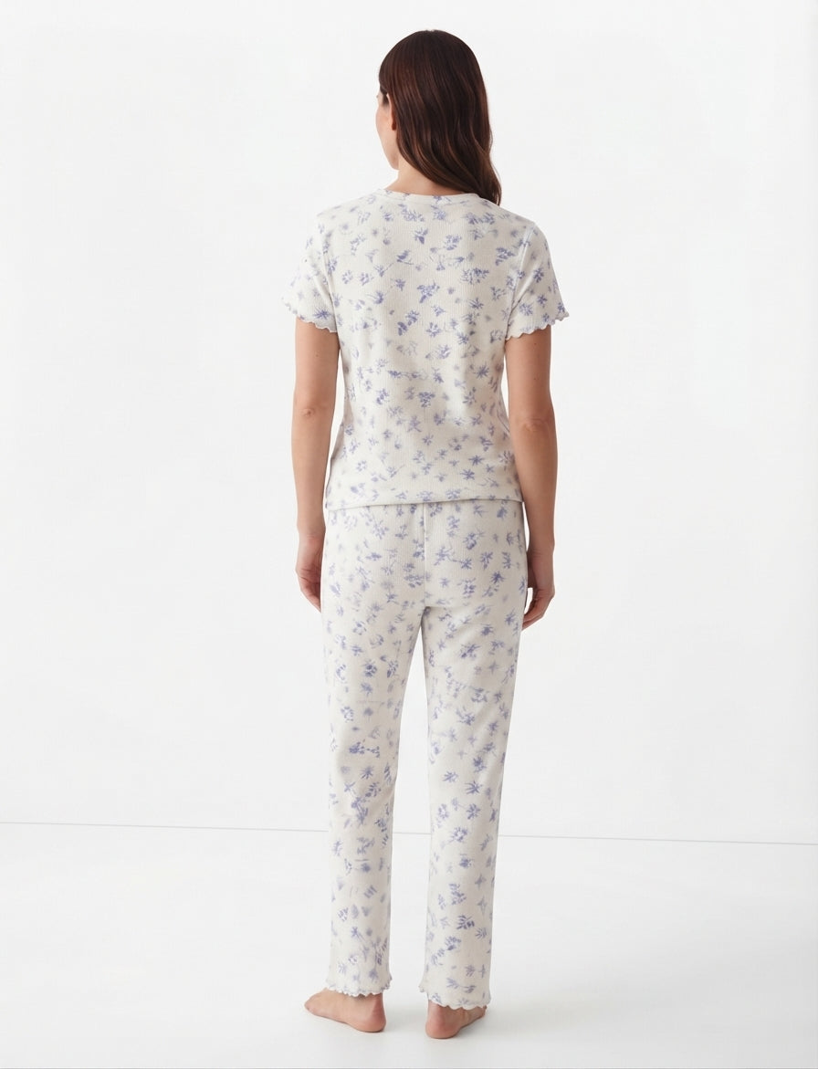 Women’s White & Baby Blue Pajama Set with Pants