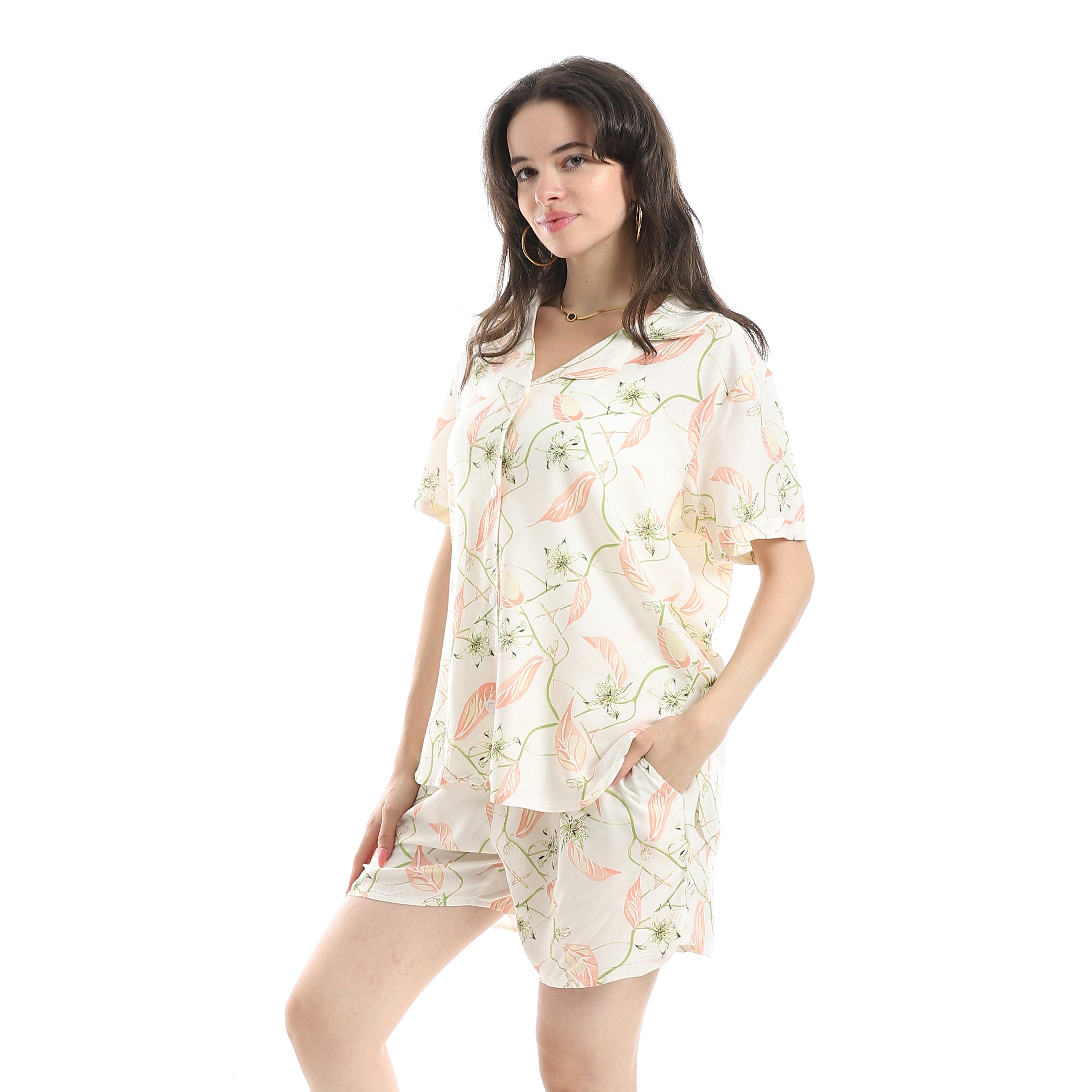 Women's Pajama Set With Short Sleeves and Shorts With Colorful Flowers