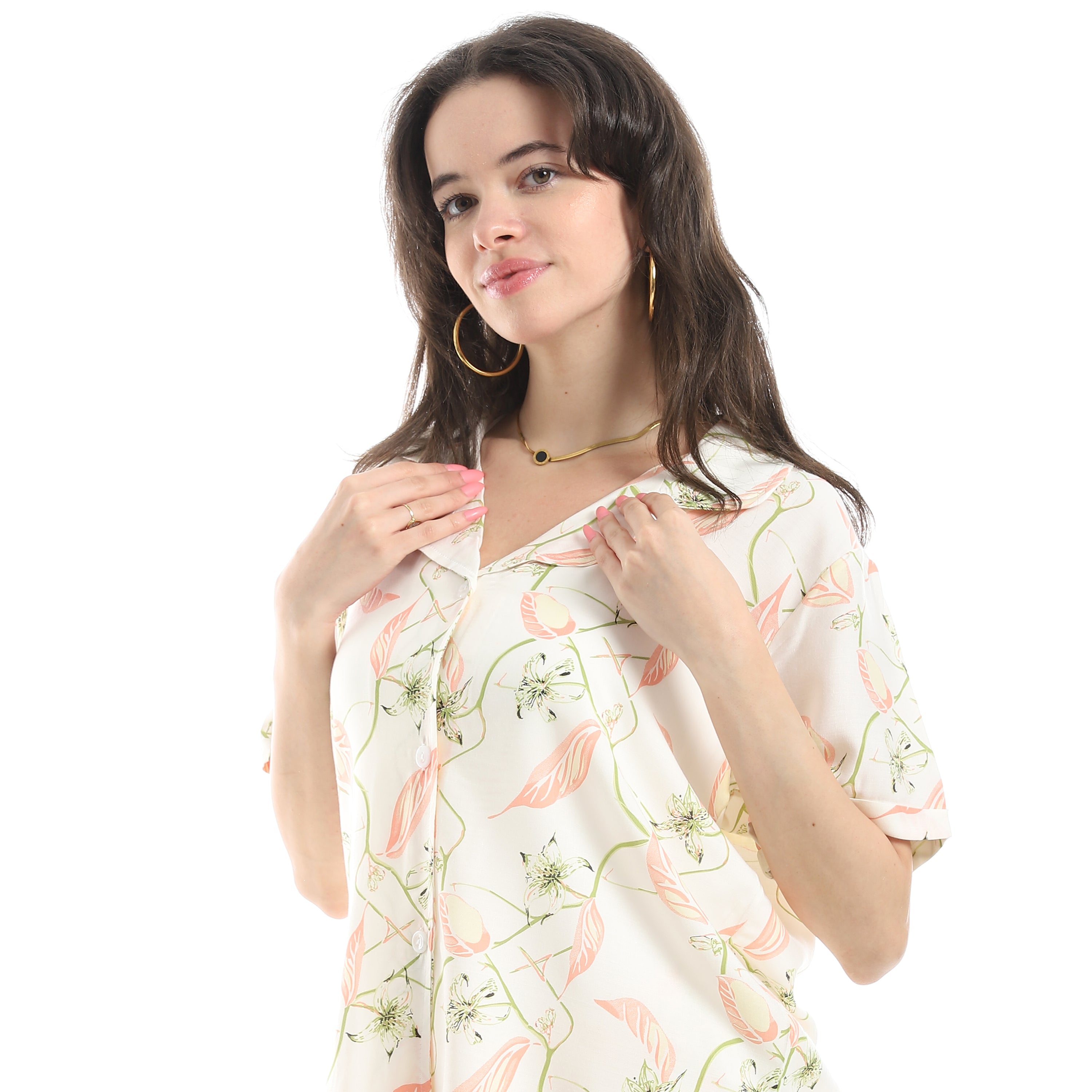 Women's Pajama Set With Short Sleeves and Shorts With Colorful Flowers
