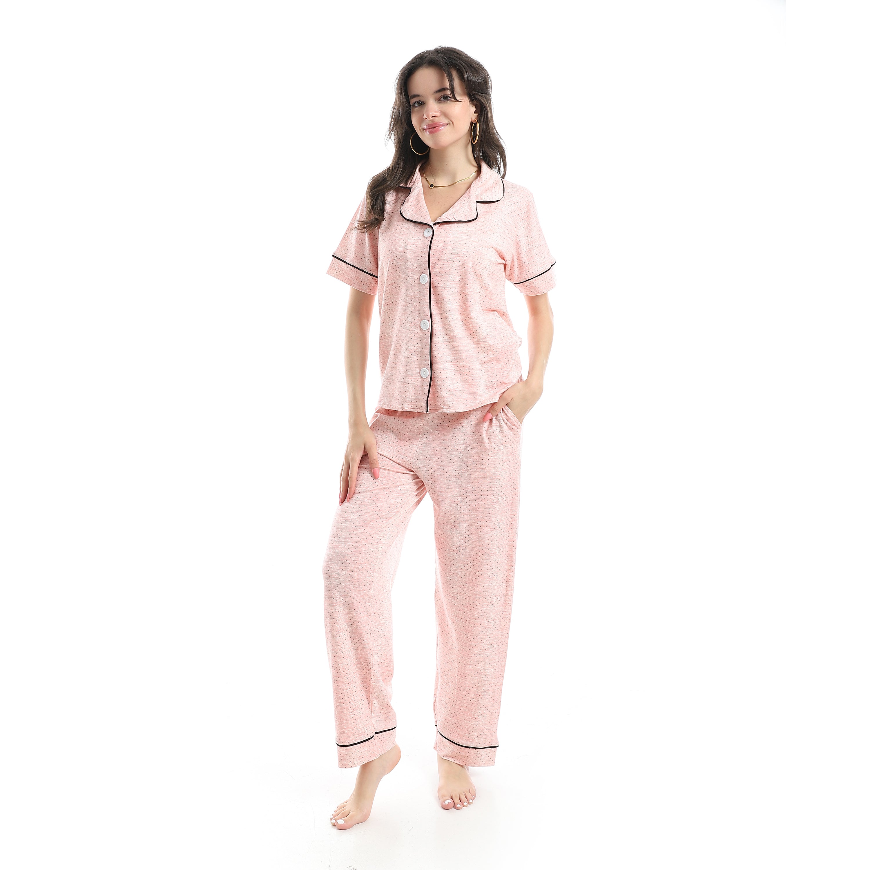 Women's Pink Button-Down Pajama Set with Black Piping