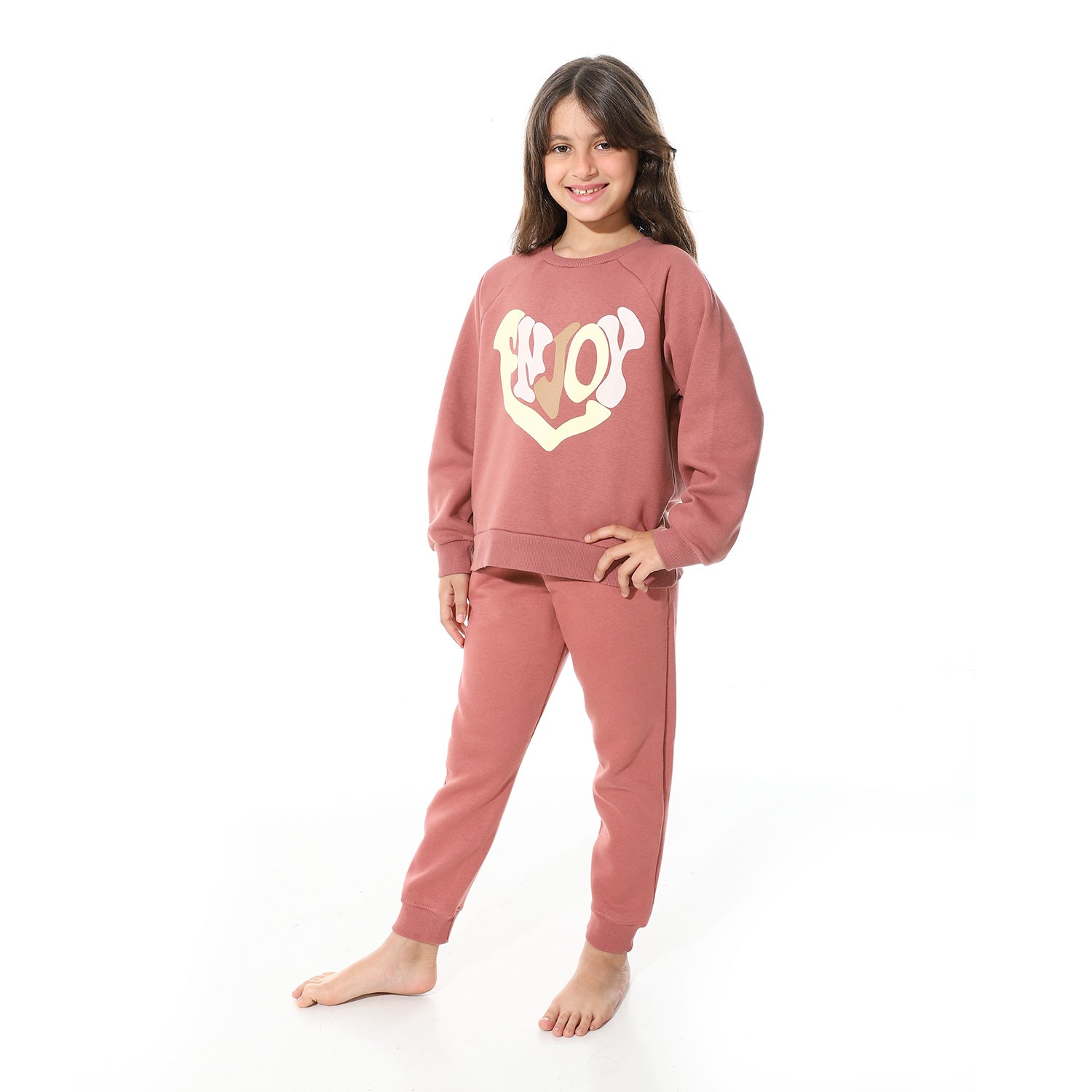 Girls' Cozy Two-Piece Lounge Set – Mauve with "Enjoy" Heart Print