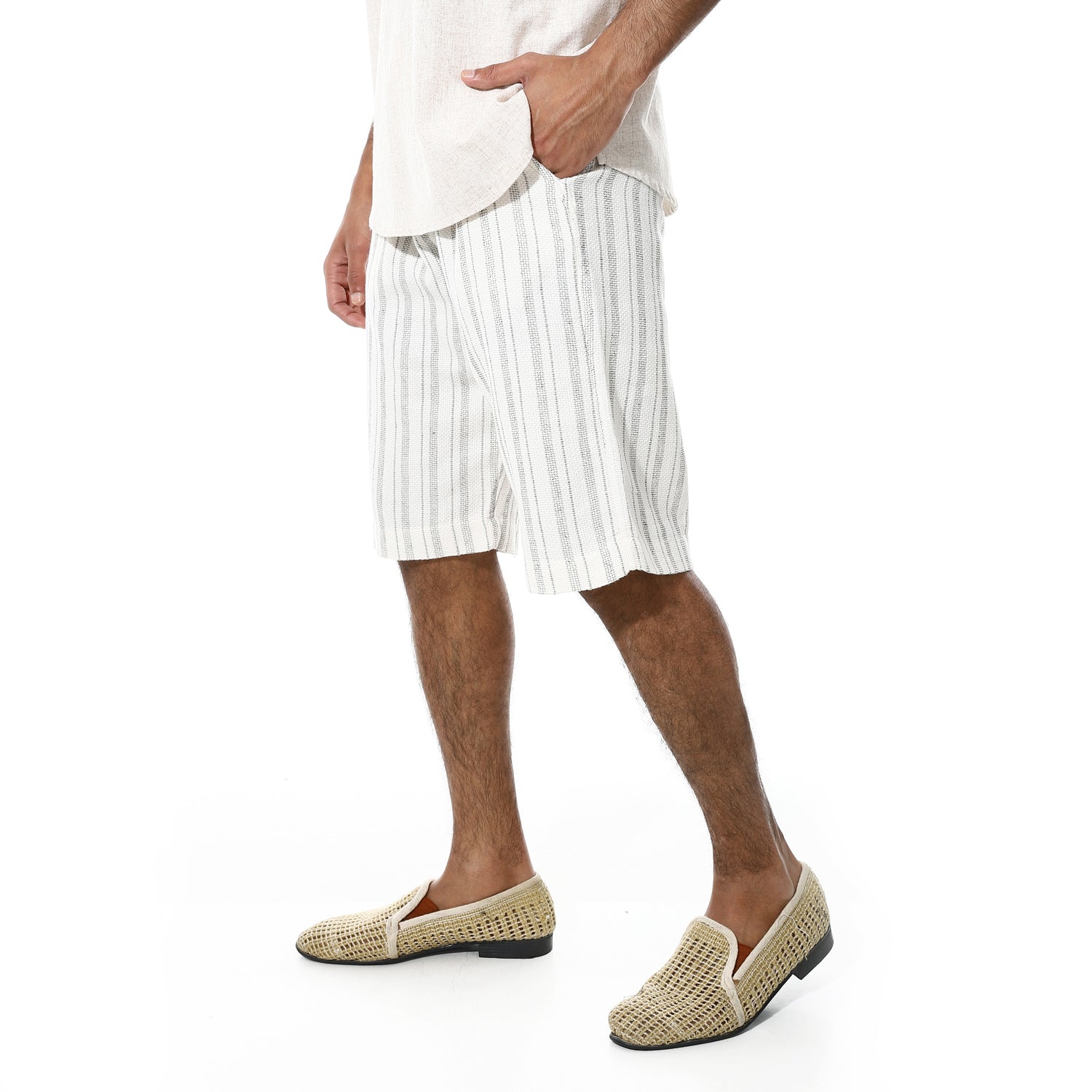 Men's White Linen Striped Shorts – Black Pinstripes, Lightweight & Breathable