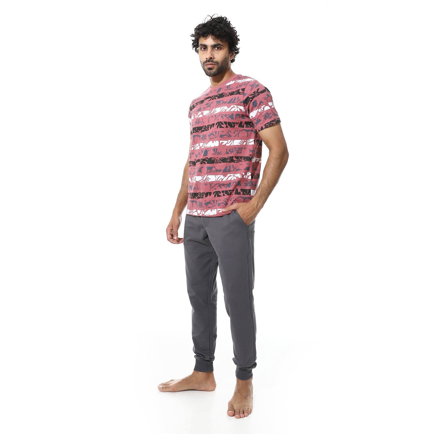 Printed Floral Tee & Solid Pants Pajama Set - Kashmir & Grey