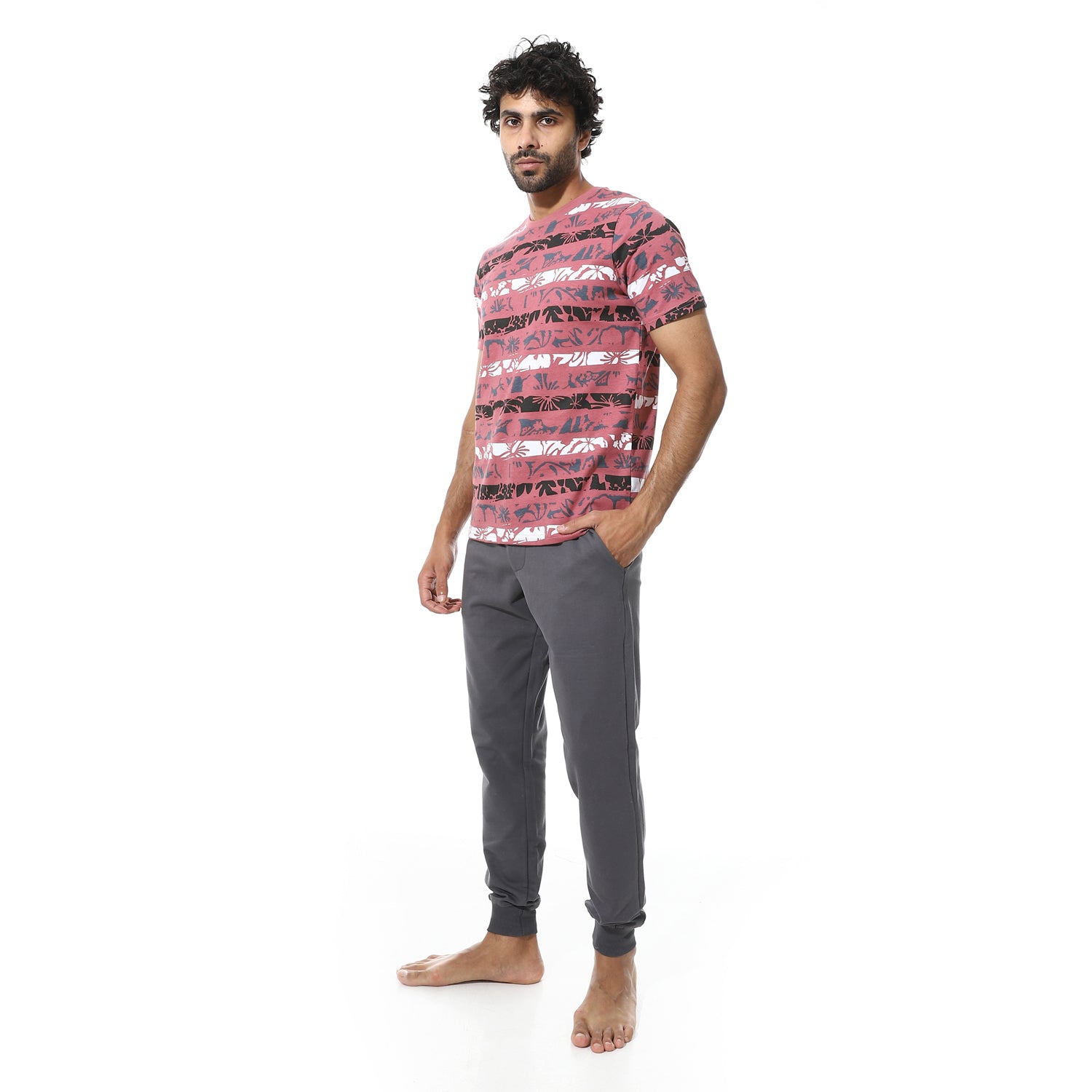 Printed Floral Tee & Solid Pants Pajama Set - Kashmir & Grey