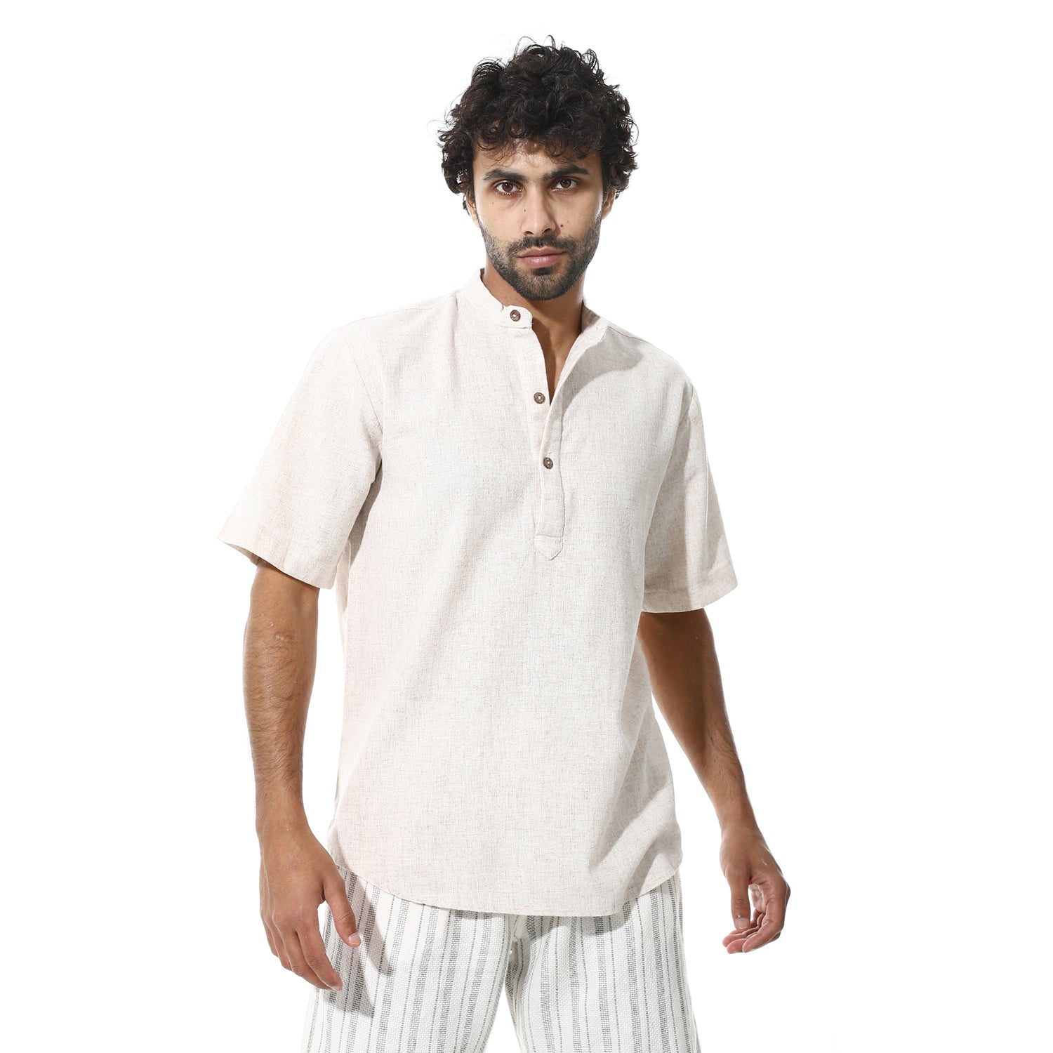 Men's Beige Cotton Linen Short Sleeve Henley Shirt