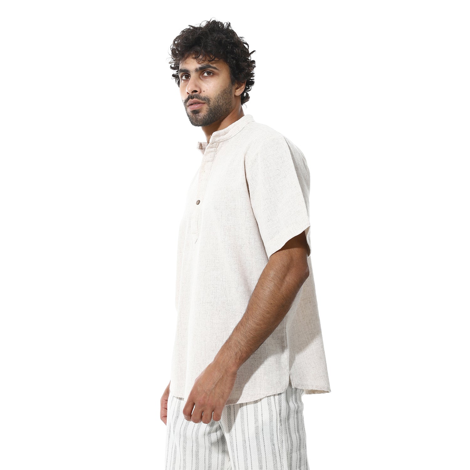 Men's Beige Cotton Linen Short Sleeve Henley Shirt