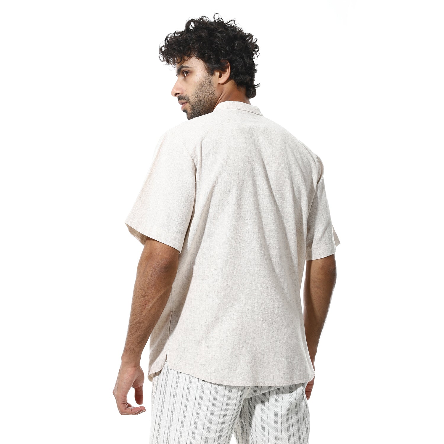 Men's Beige Cotton Linen Short Sleeve Henley Shirt