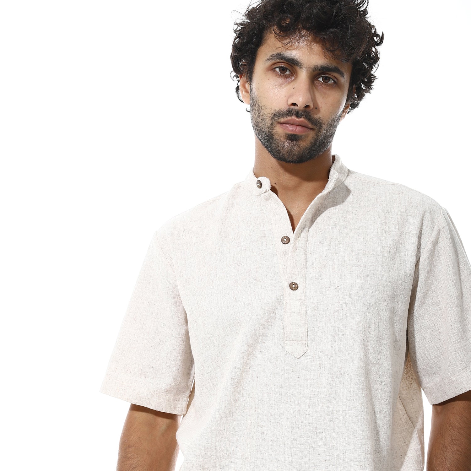 Men's Beige Cotton Linen Short Sleeve Henley Shirt