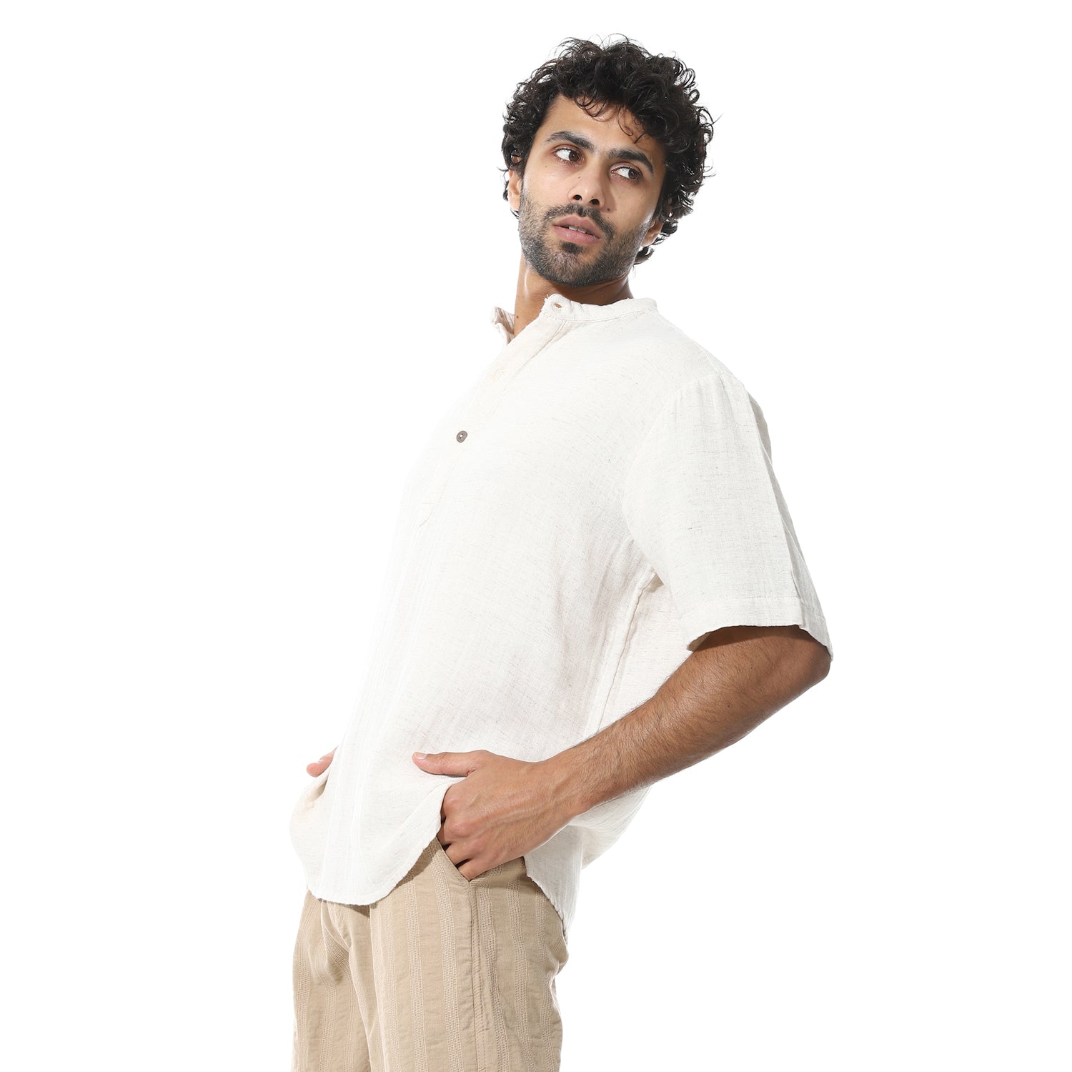 Men's Beige Cotton Linen Short Sleeve Henley Shirt