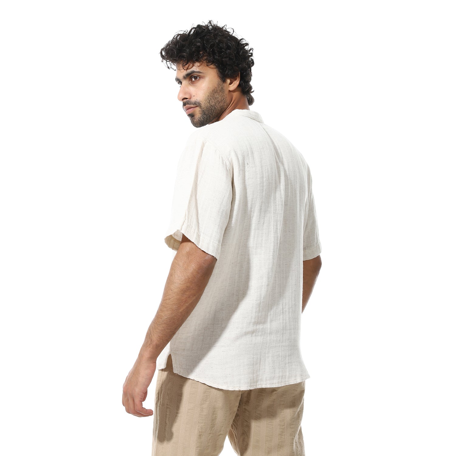 Men's Beige Cotton Linen Short Sleeve Henley Shirt