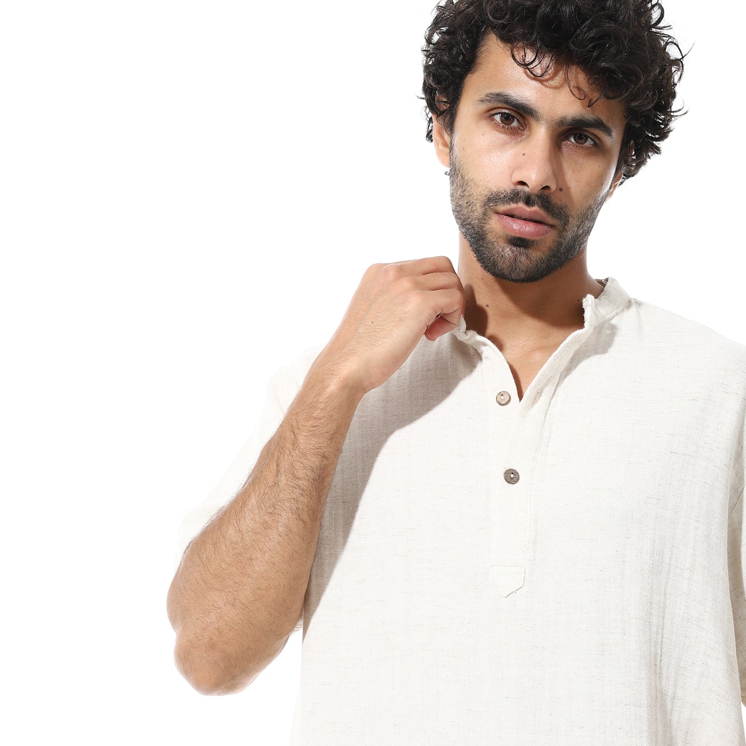 Men's Beige Cotton Linen Short Sleeve Henley Shirt