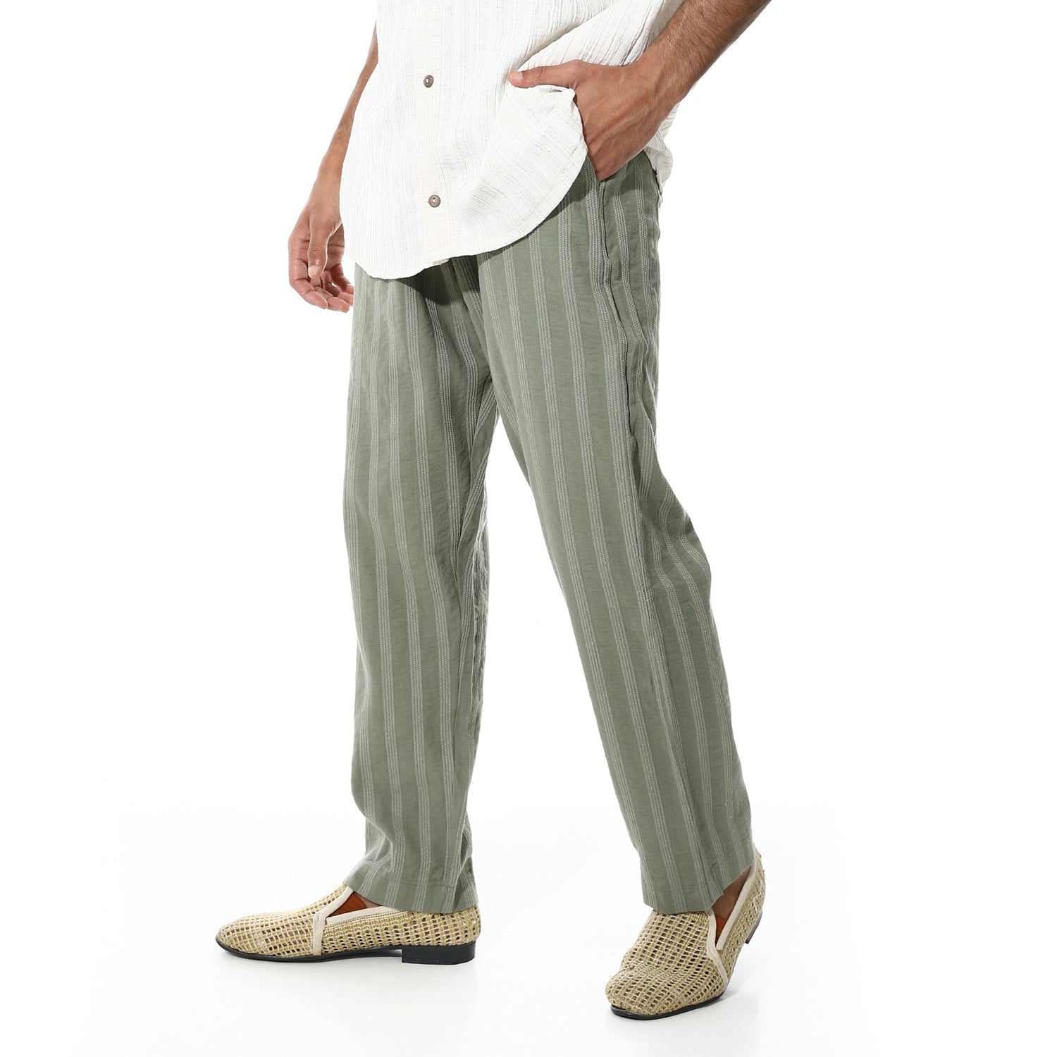 Men's Relaxed Fit Striped Linen Trousers – Green