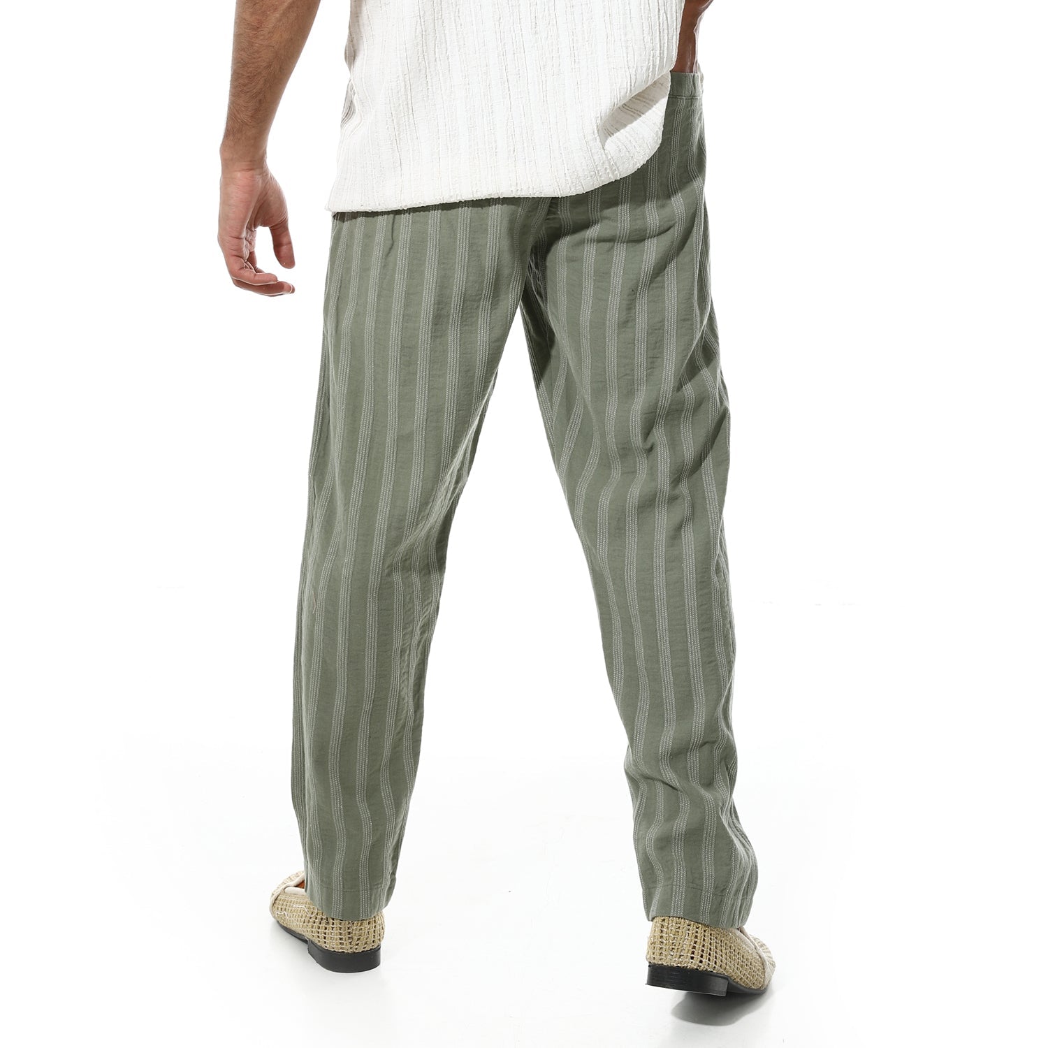 Men's Relaxed Fit Striped Linen Trousers – Green