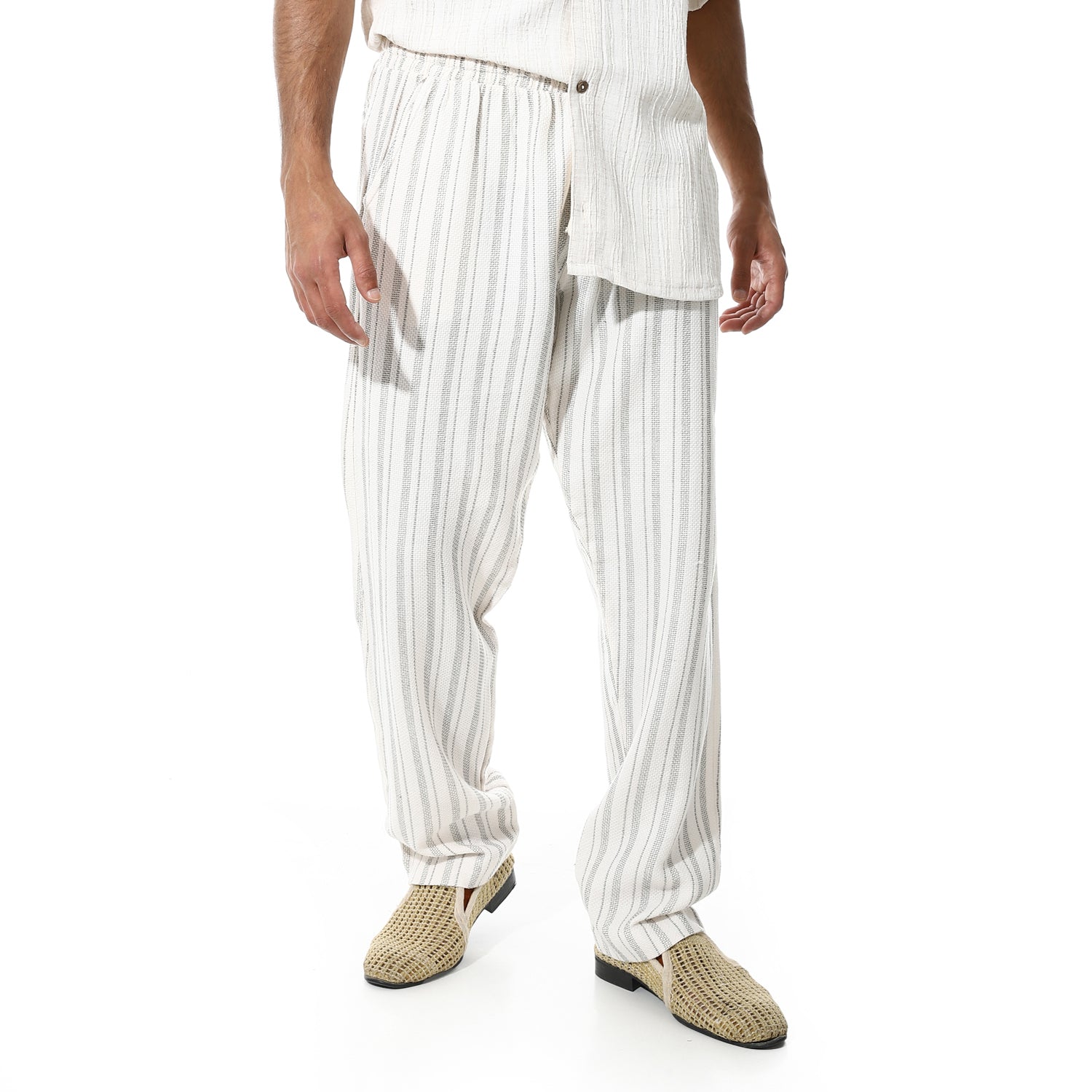 Men's White Linen Striped Pants – Green Pinstripes, Lightweight & Breathable