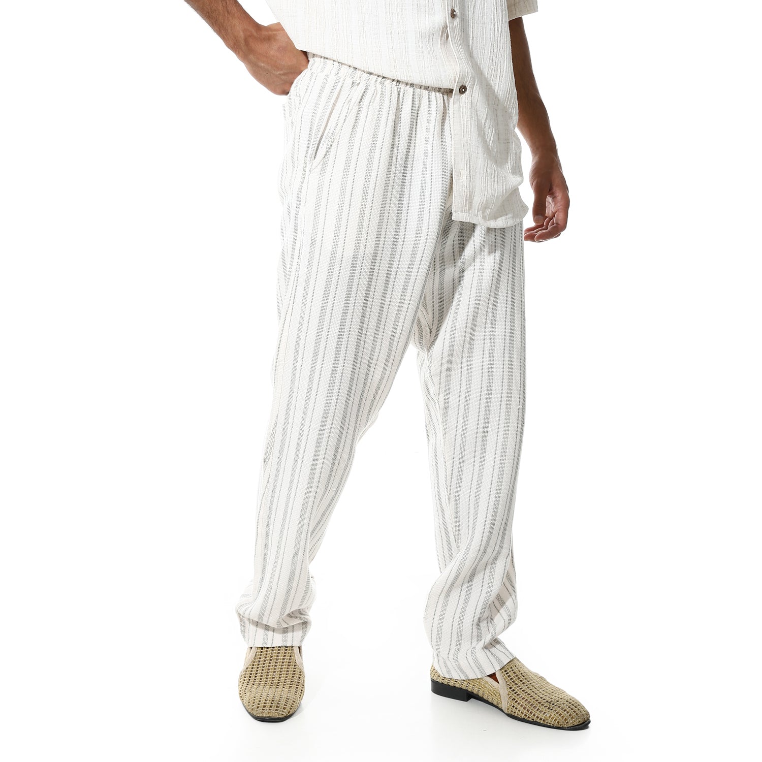 Men's White Linen Striped Pants – Green Pinstripes, Lightweight & Breathable