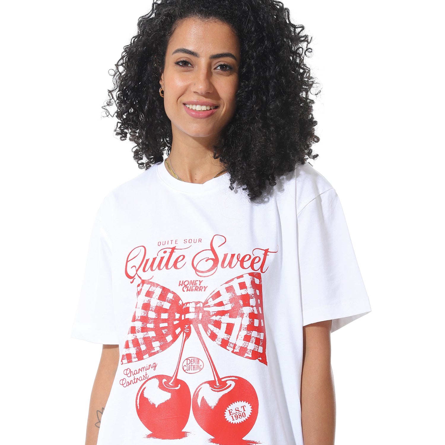 Women's White T-shirt with Red Cherry Bow Print