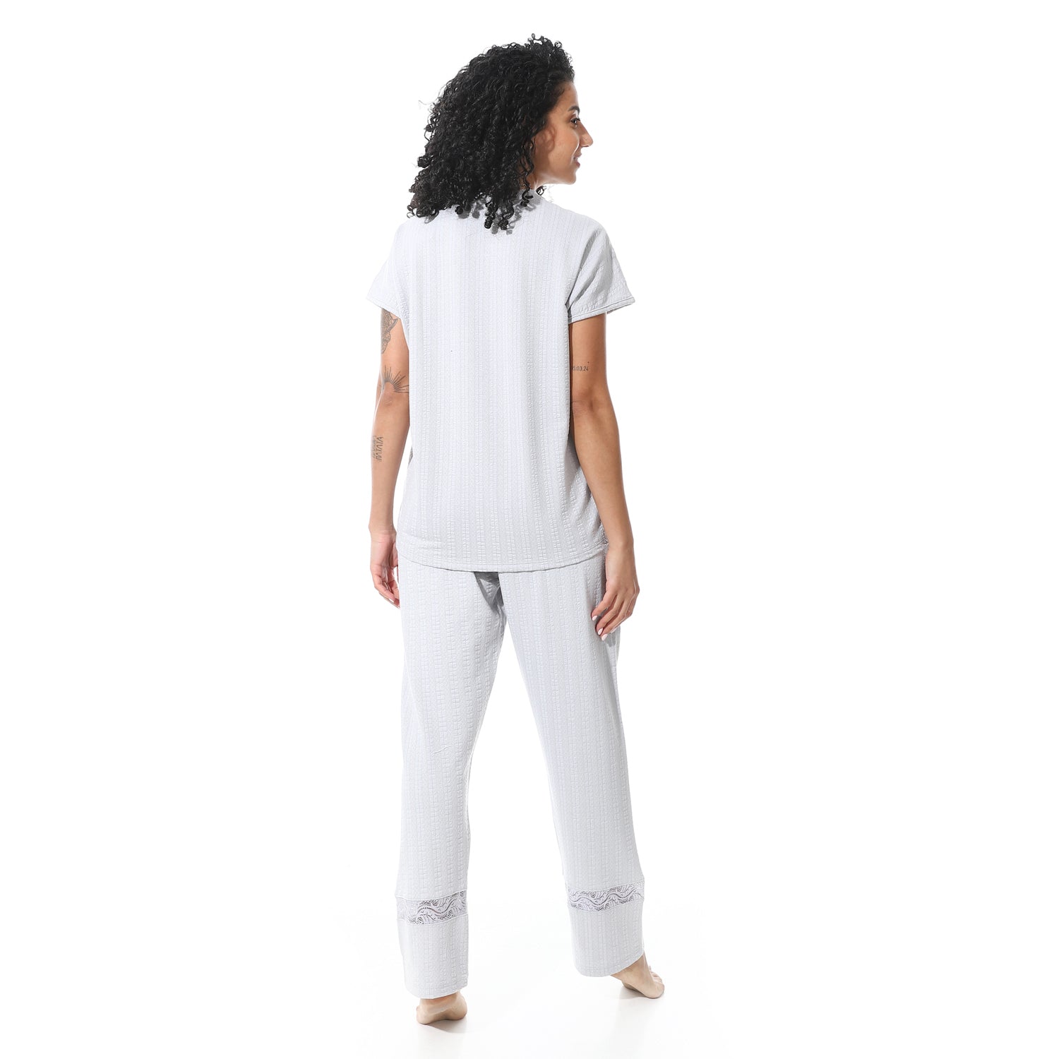 Elegant Summer Jacquard Pajama Set with Lace Detailing - Silver