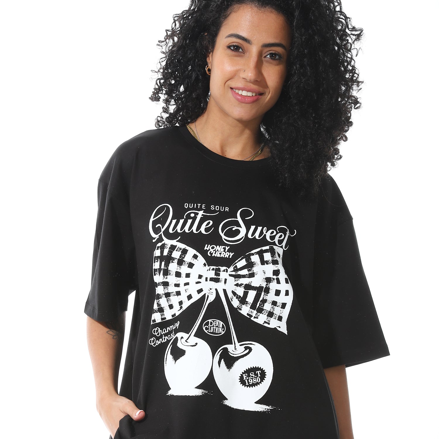 Women's Black T-shirt with White Cherry Bow Print