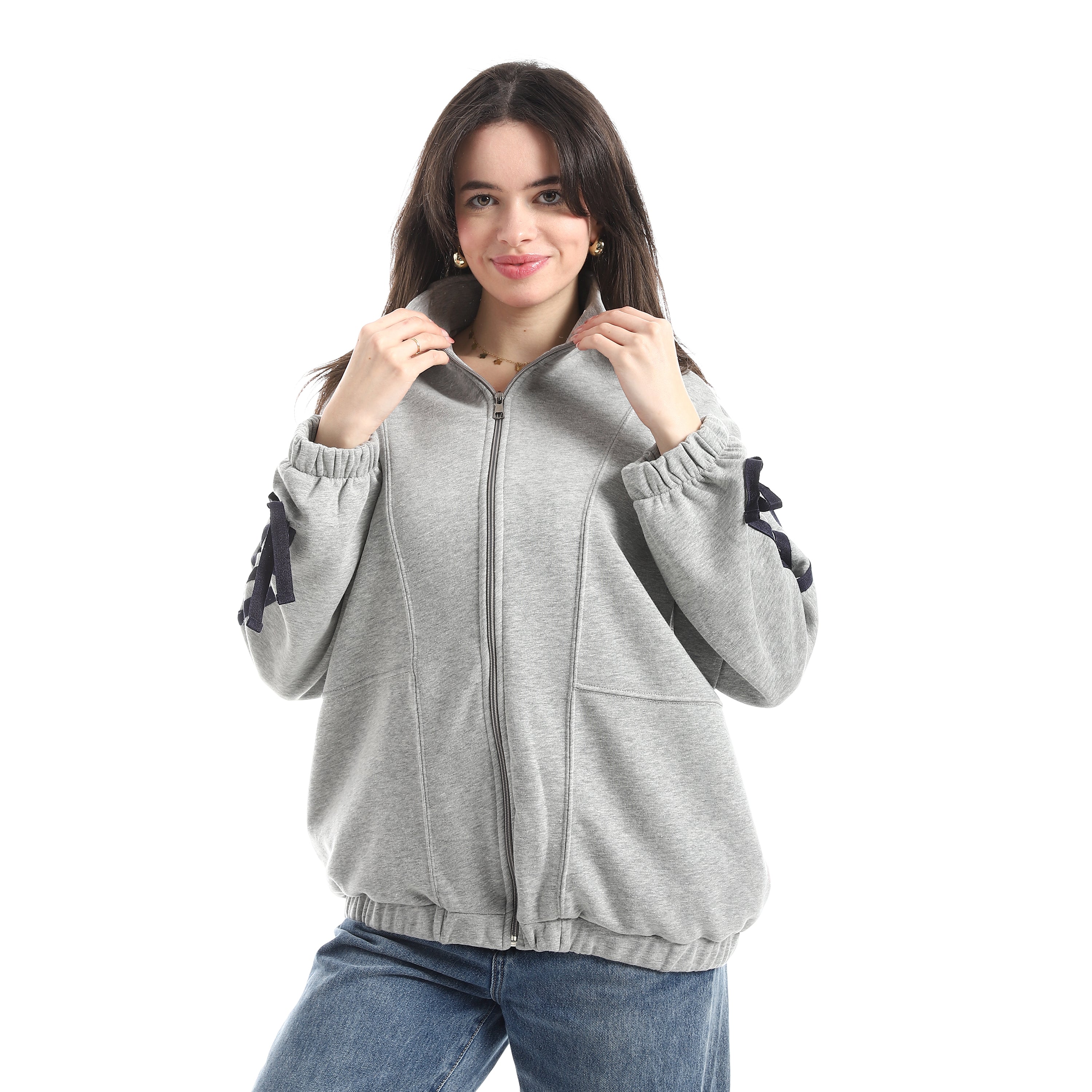 Women's Zip-Up Jacket with Ribbon Sleeve Detail