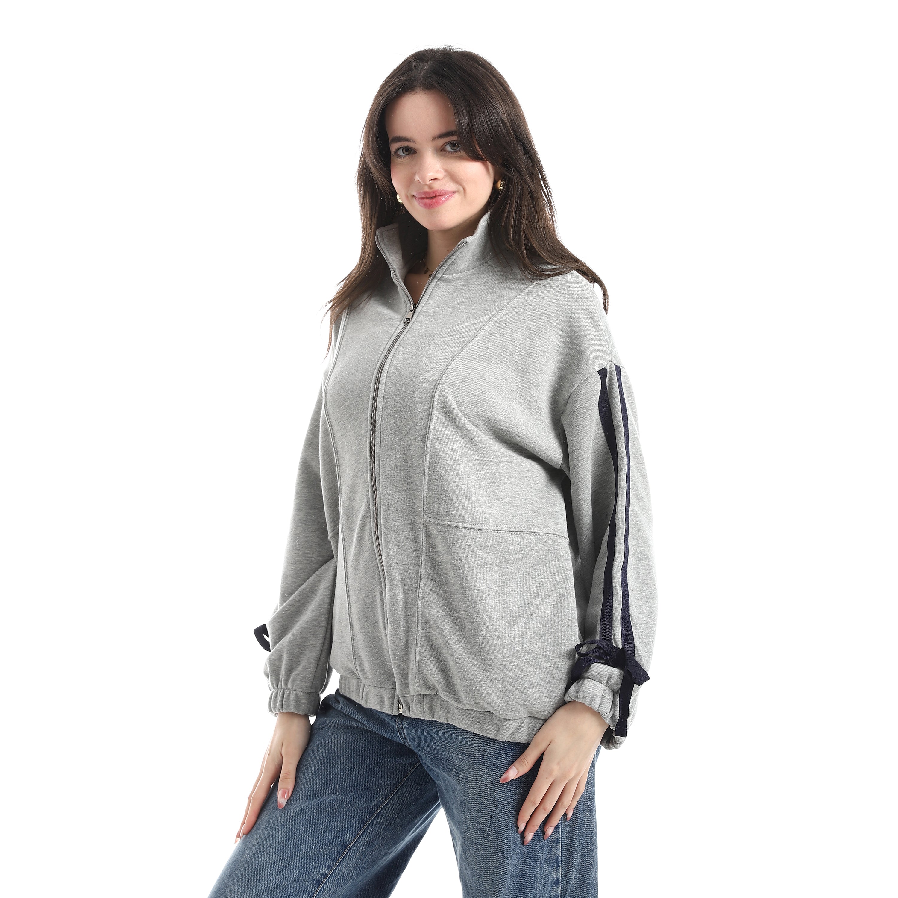 Women's Zip-Up Jacket with Ribbon Sleeve Detail