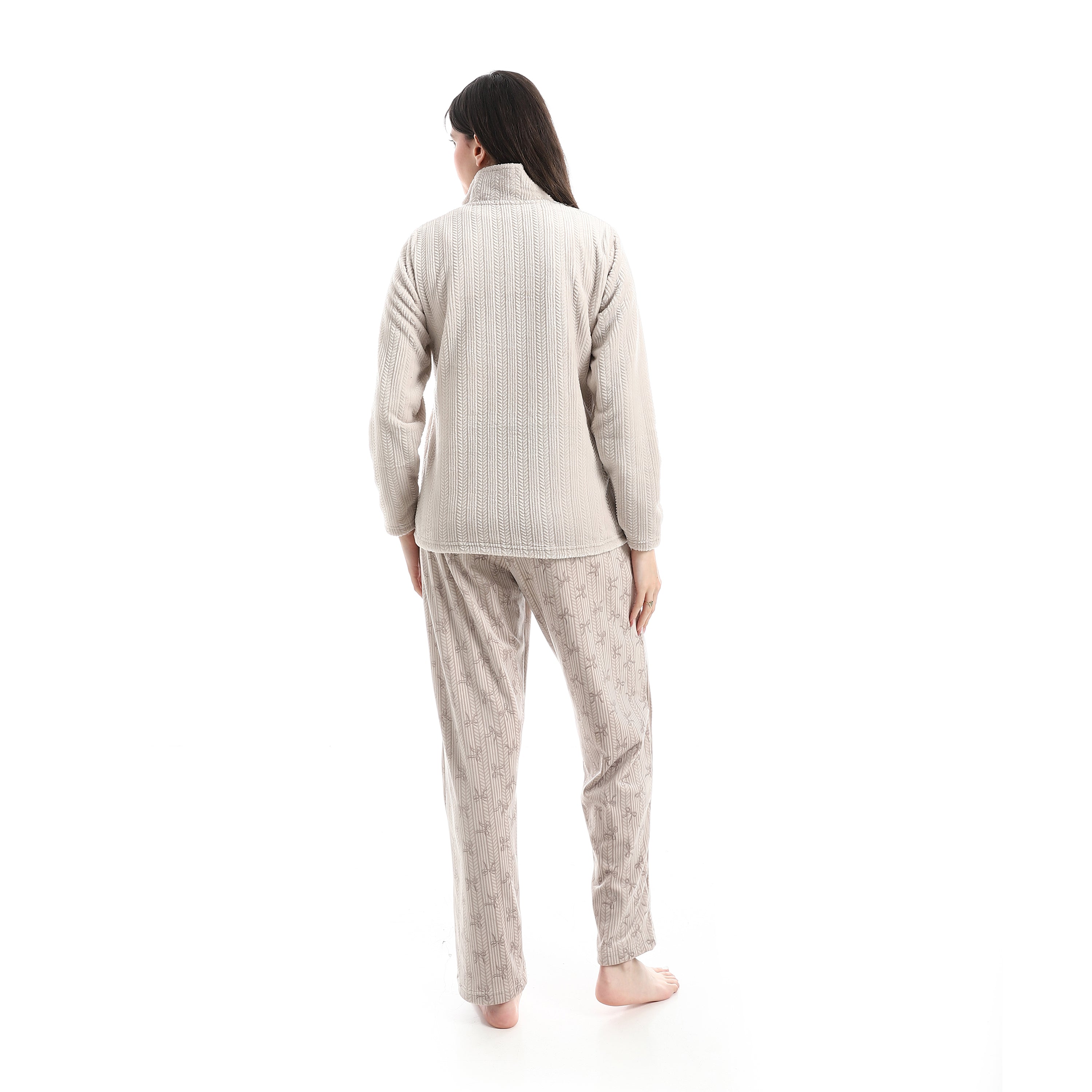 Women's Ribbed Velvet Pajama Set – High-Neck Embroidered Lounge Set
