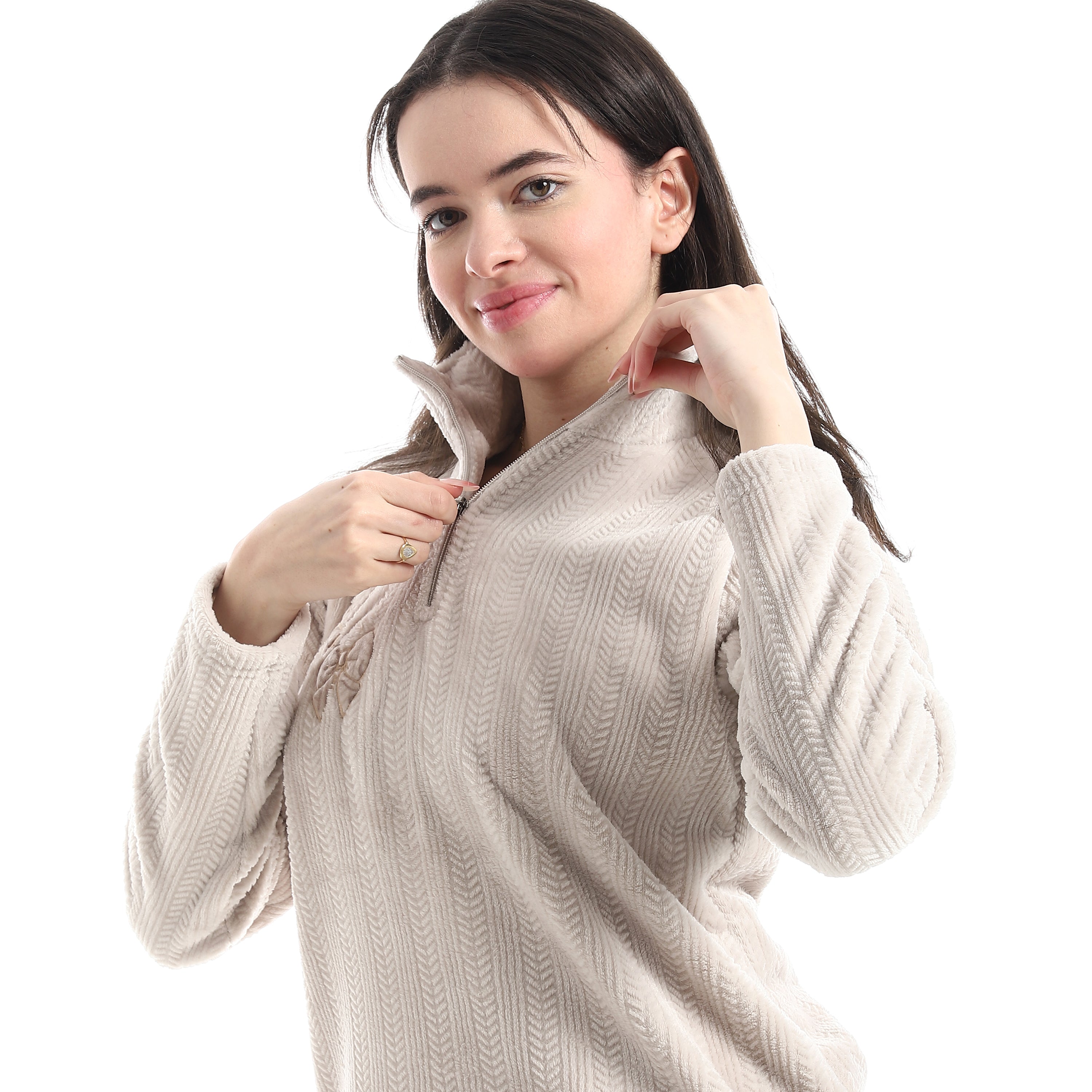 Women's Ribbed Velvet Pajama Set – High-Neck Embroidered Lounge Set