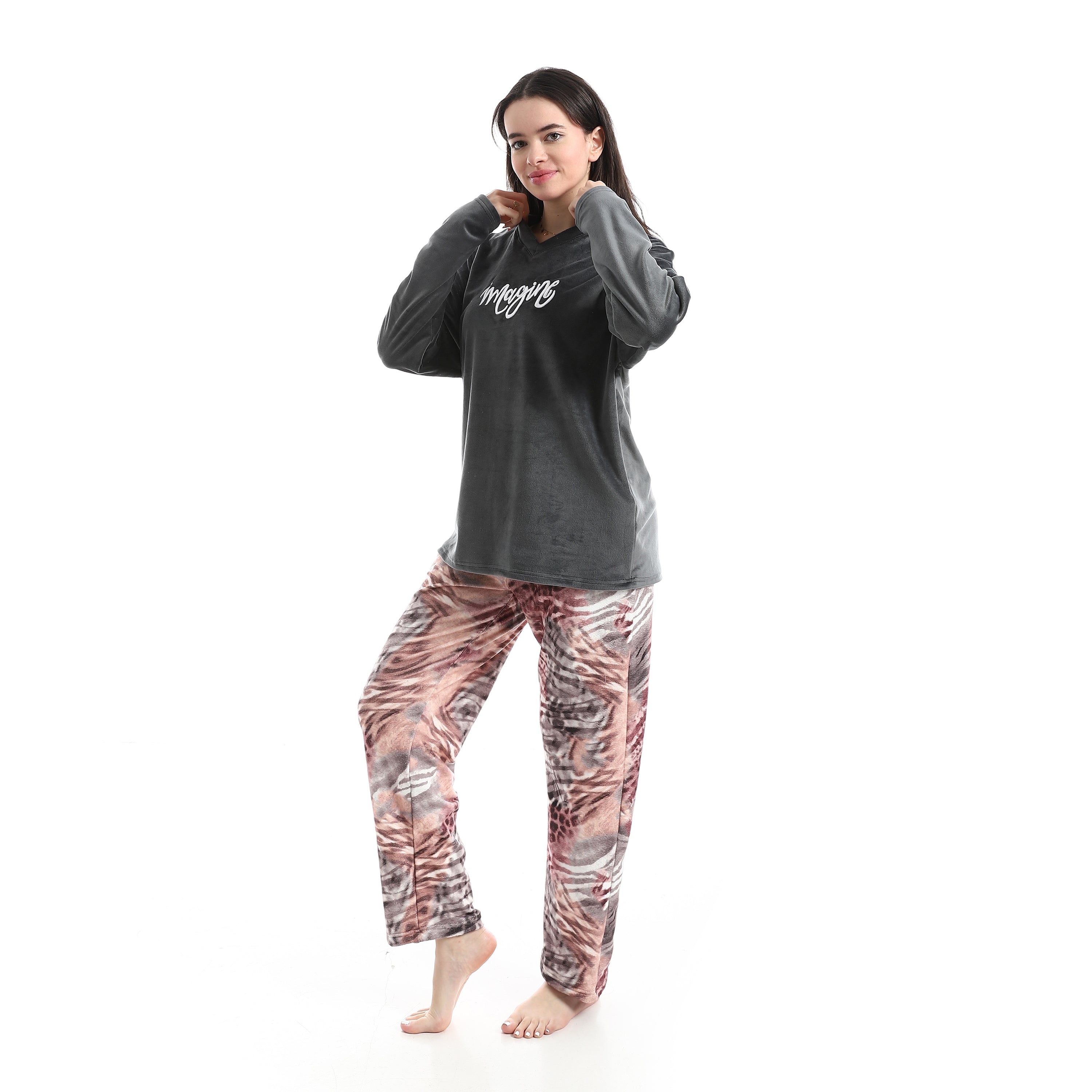 Women's "Imagine" Velvet Two-Piece Pajama Set – Charcoal & Animal Print