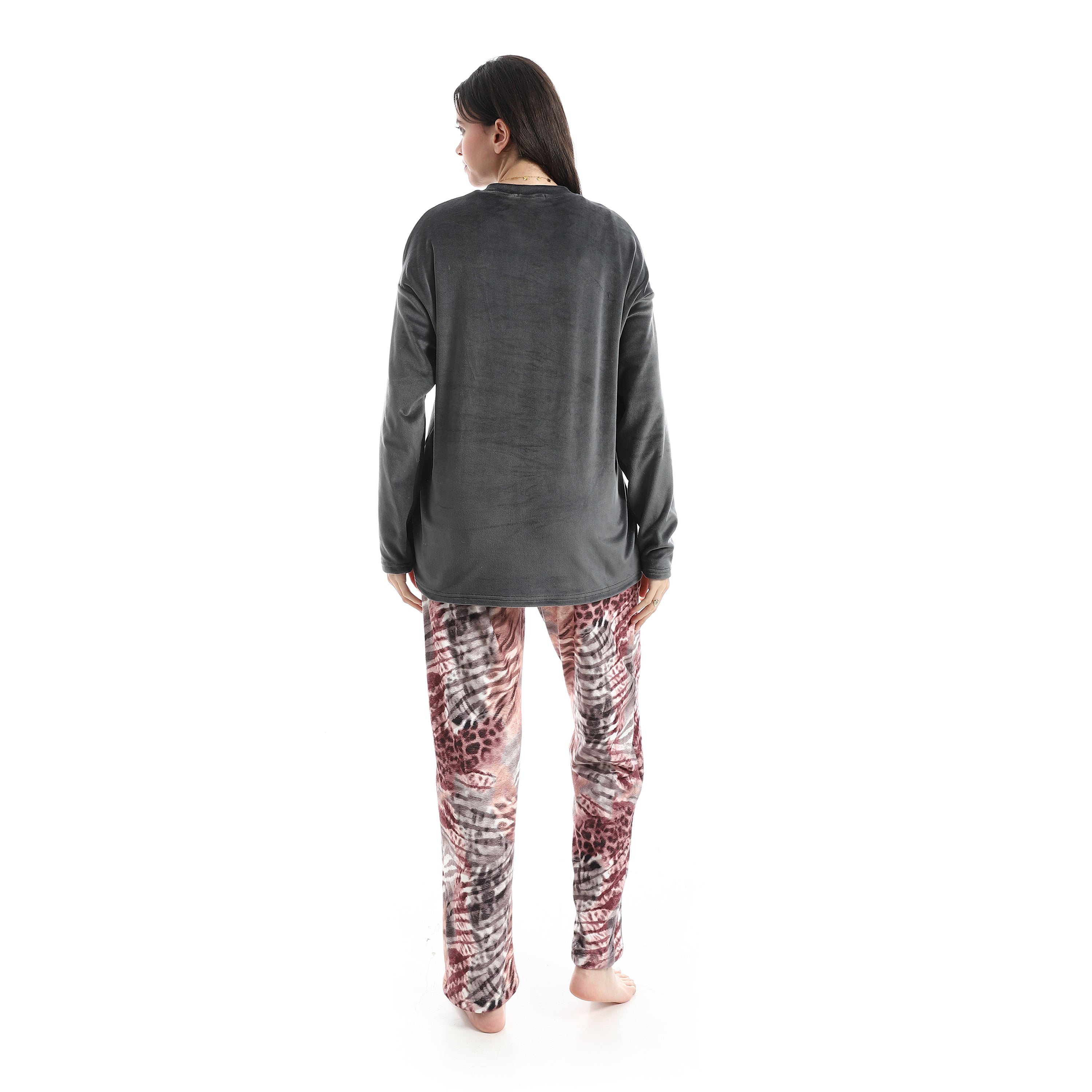 Women's "Imagine" Velvet Two-Piece Pajama Set – Charcoal & Animal Print