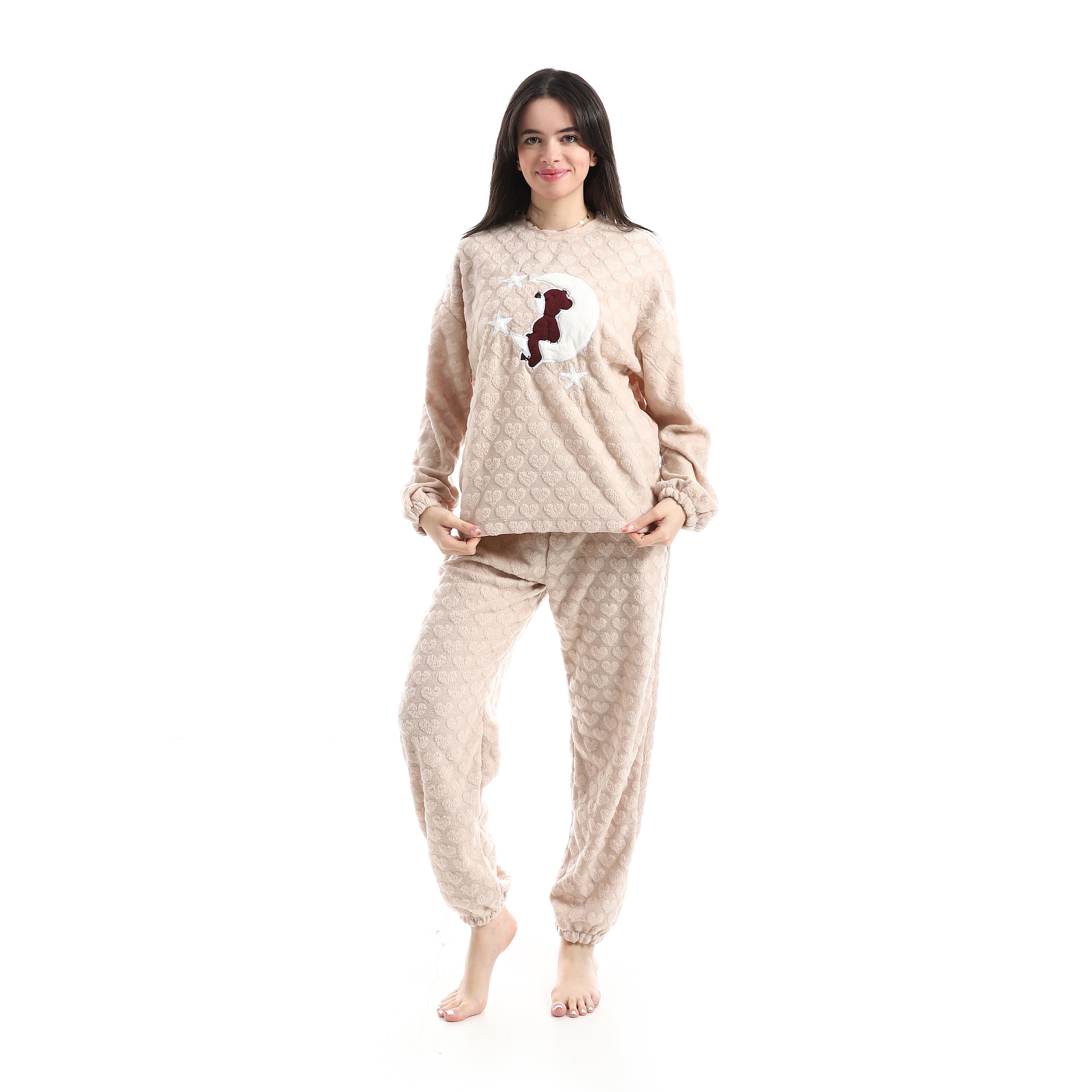 Teddy Bear & Moon Embossed Heart Fleece Pajama Set