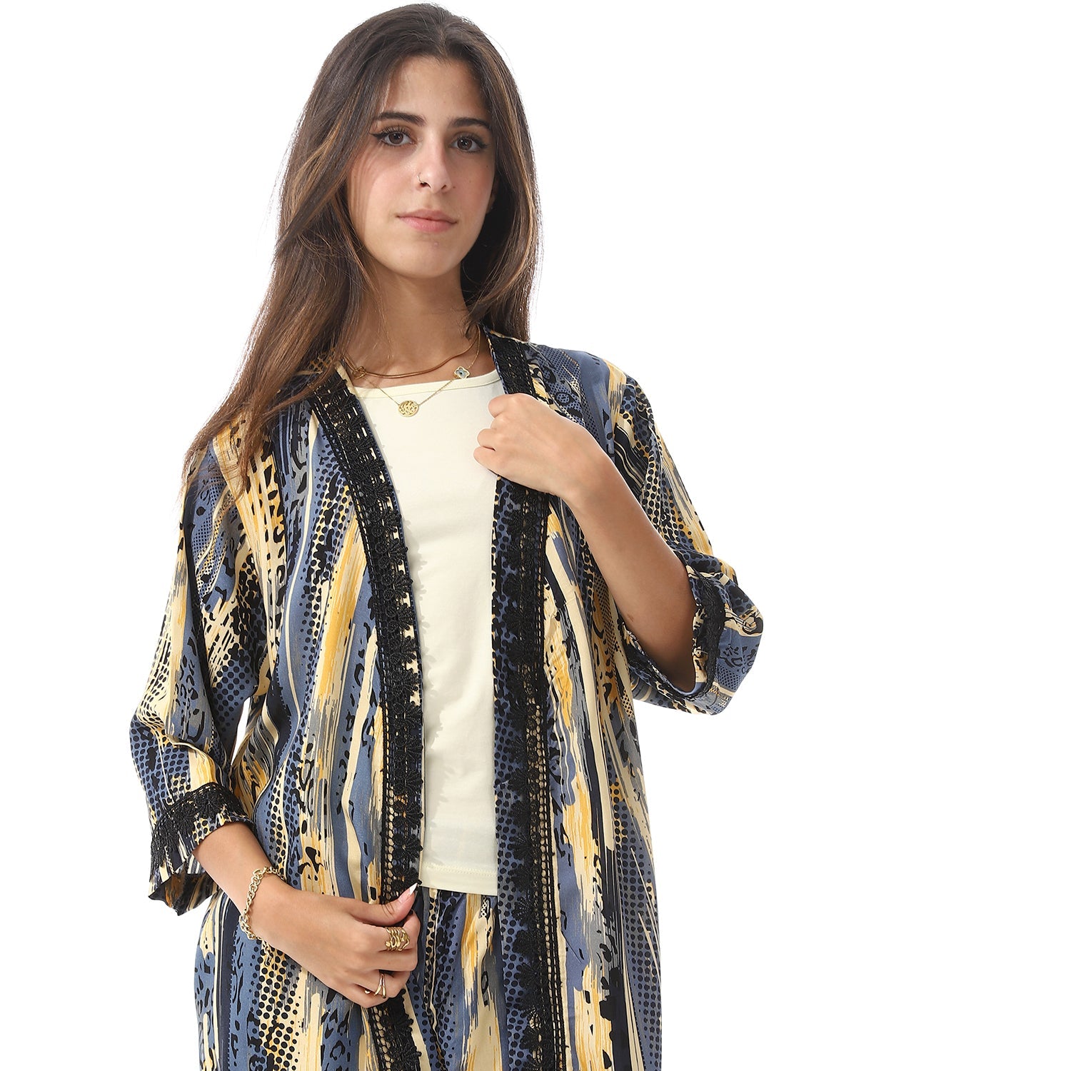 طقم من 3 قطع روب، بلوزة وبنطلون بيجامة حريمي - أصفر