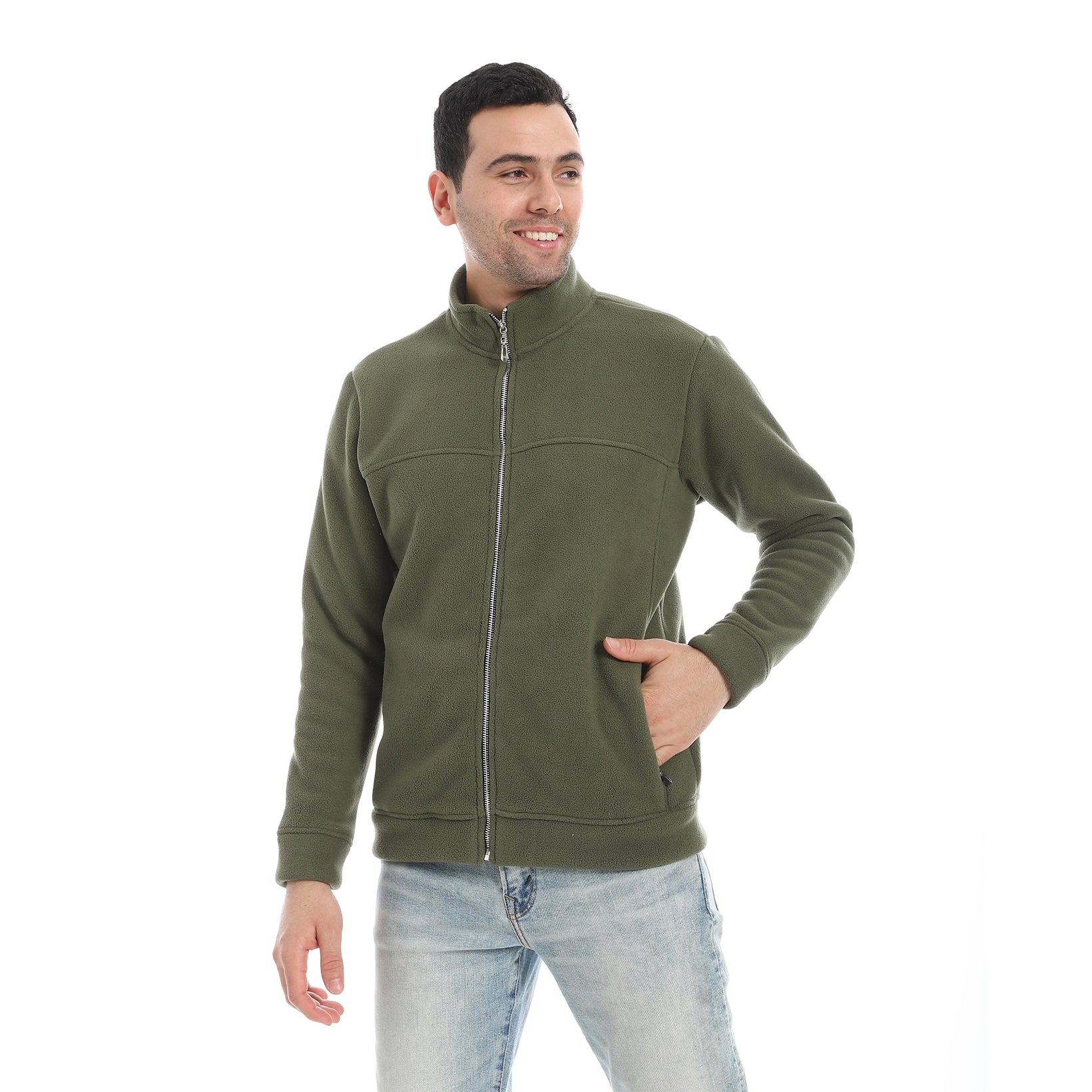 Men’s Olive Green Full-Zip Jacket with High Collar