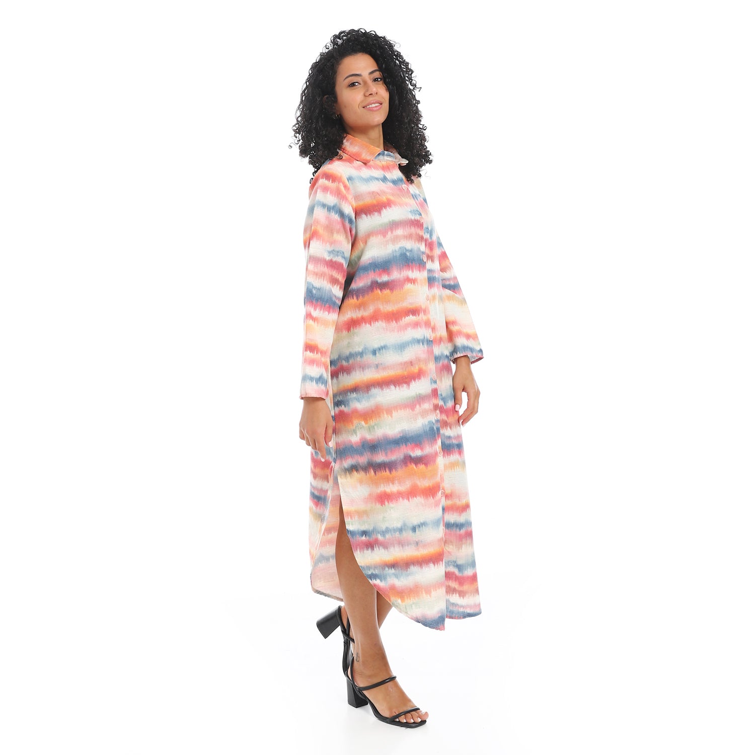 Elegant Striped Maxi Shirt Dress - Orange