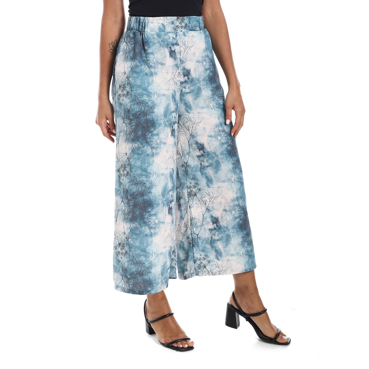 Wide leg pants, half elastic waist - Navy