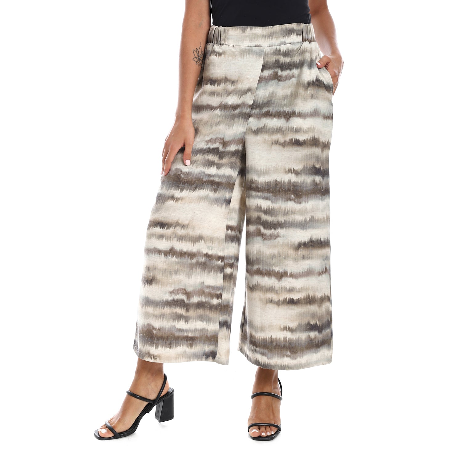 Wide leg pants, half elastic waist - Olive