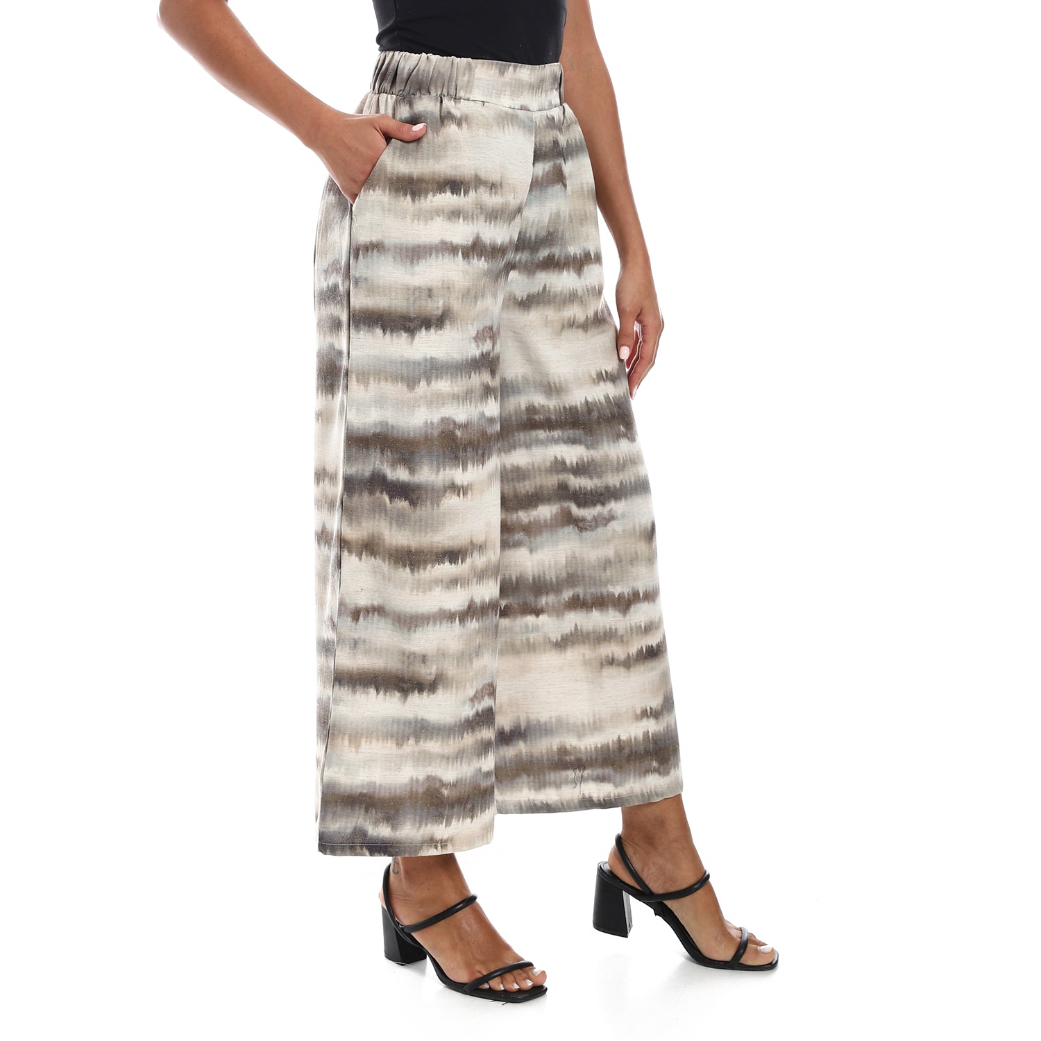 Wide leg pants, half elastic waist - Olive