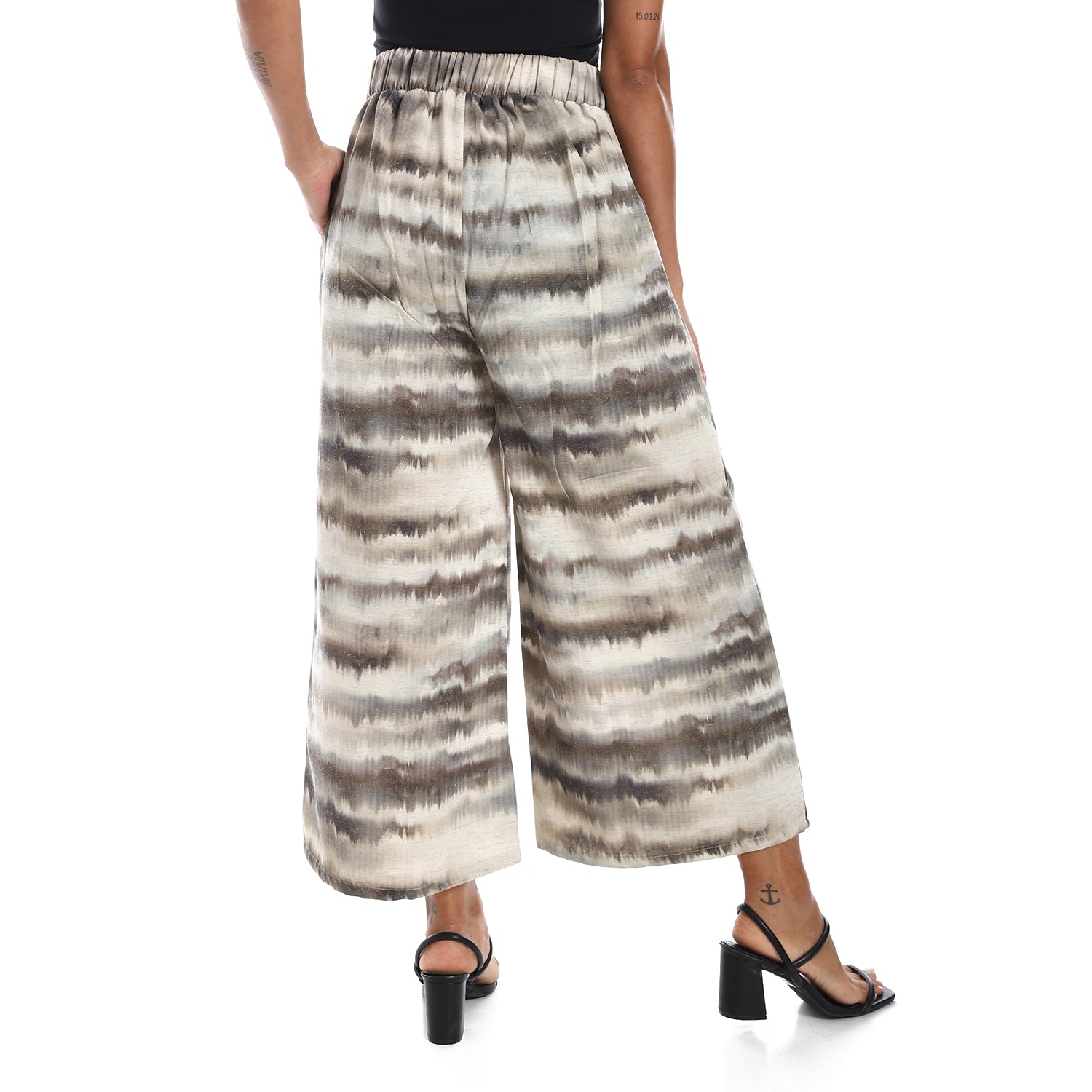 Wide leg pants, half elastic waist - Olive