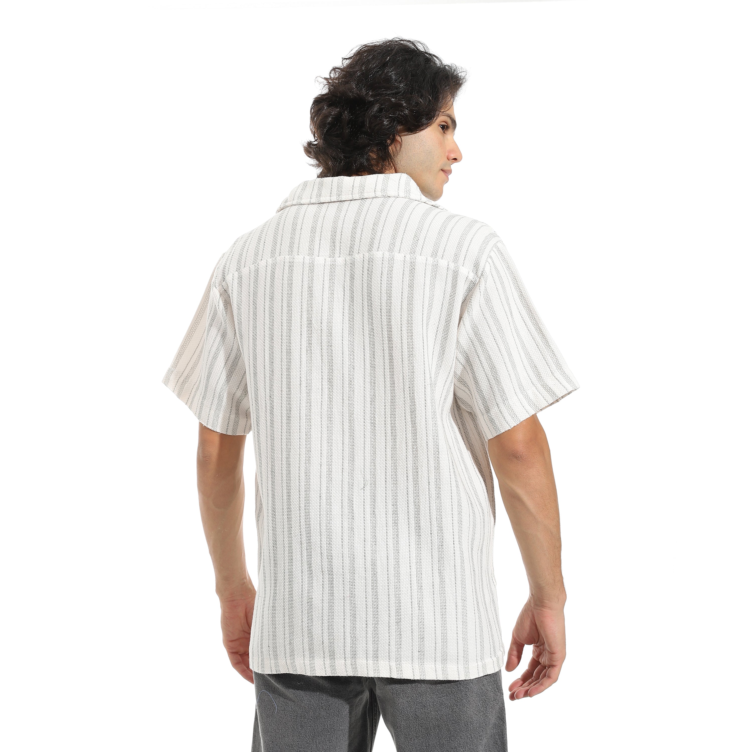 Men’s Short Sleeve Linen Striped Olive Shirt