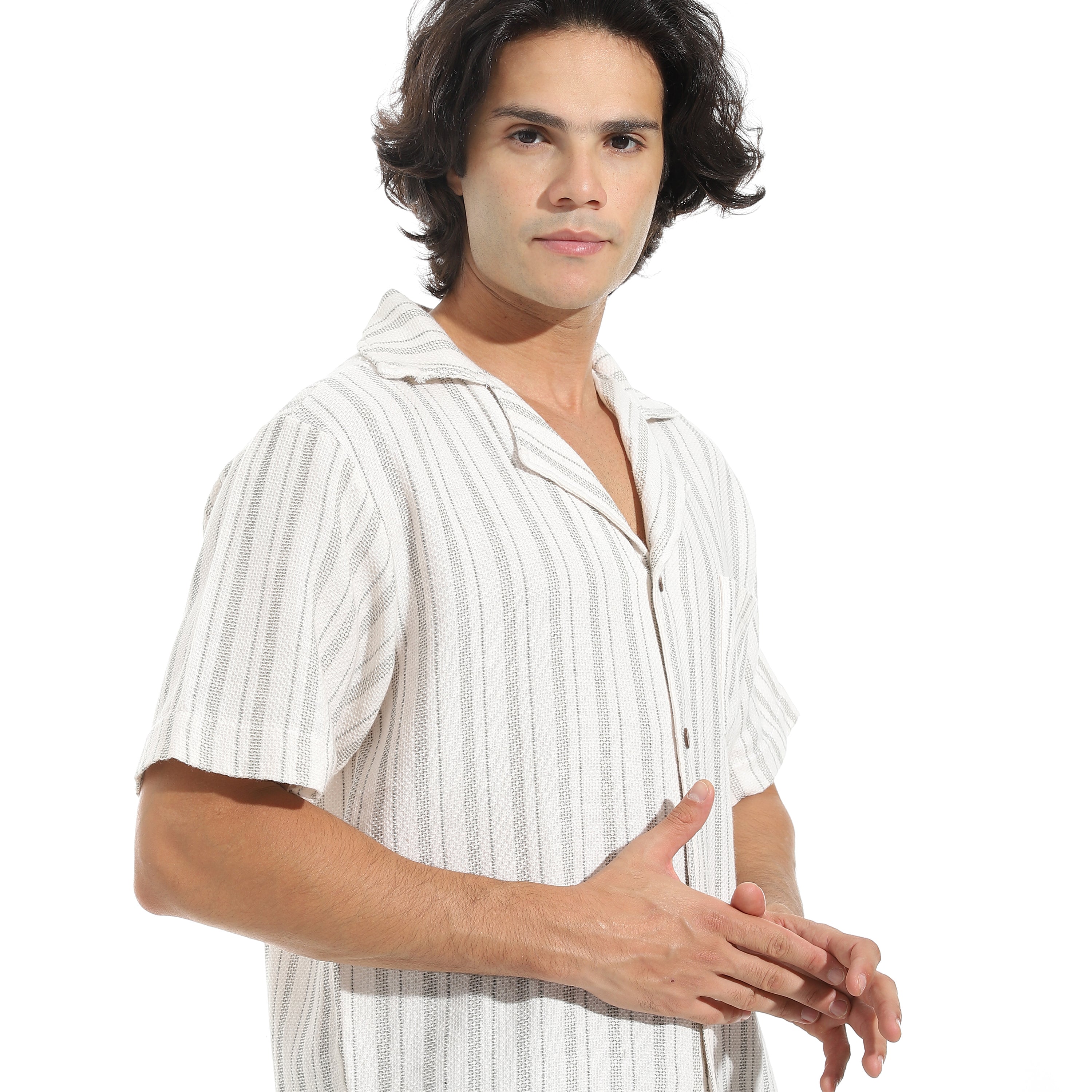 Men’s Short Sleeve Linen Striped Olive Shirt